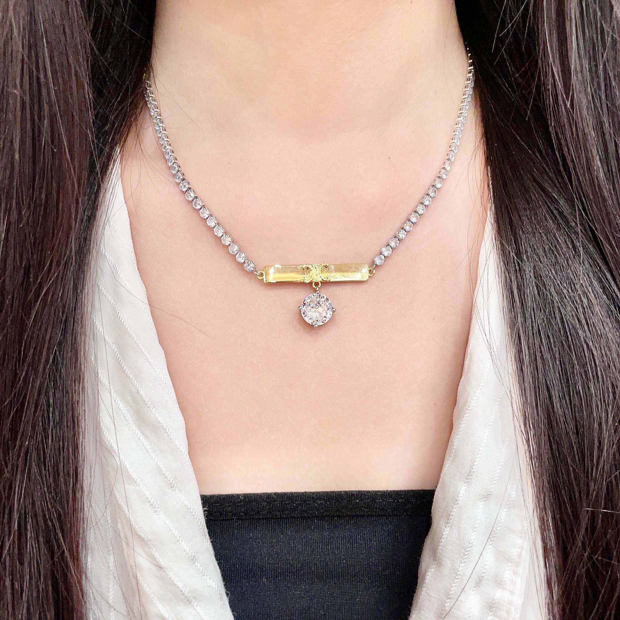 Celine Triomphe Bar Crystal Pendant Tennis Necklace necklace Two-tone silver-toned and gold-toned metal with clear faceted crystals 40cm