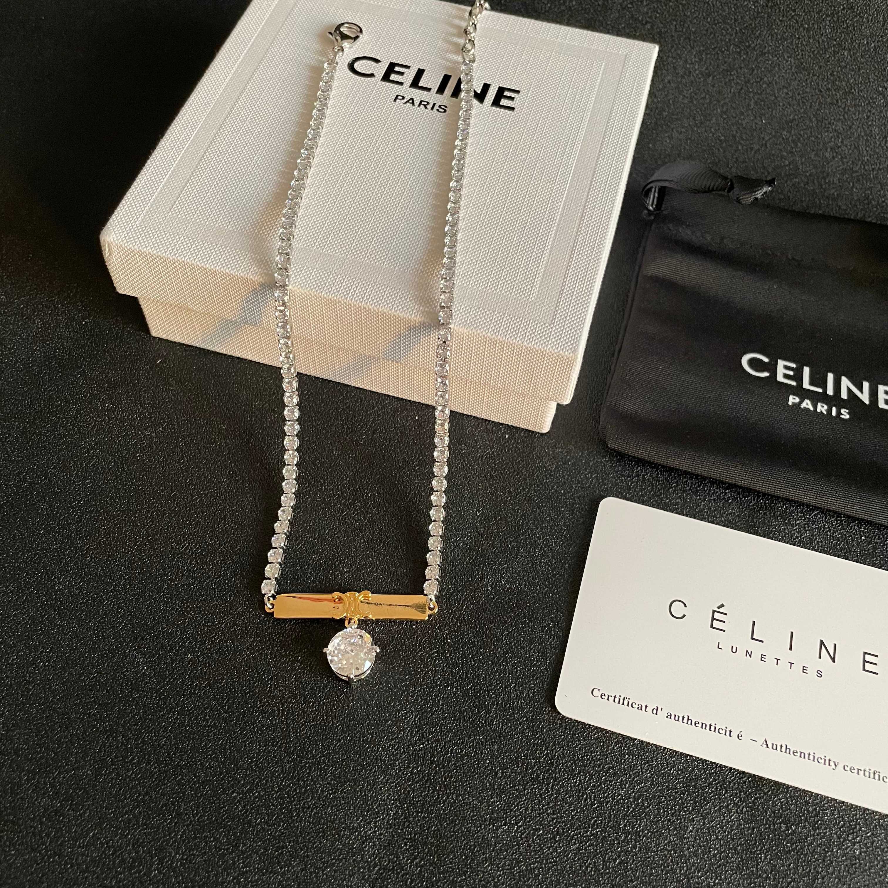 Celine Triomphe Bar Crystal Pendant Tennis Necklace necklace Two-tone silver-toned and gold-toned metal with clear faceted crystals 40cm