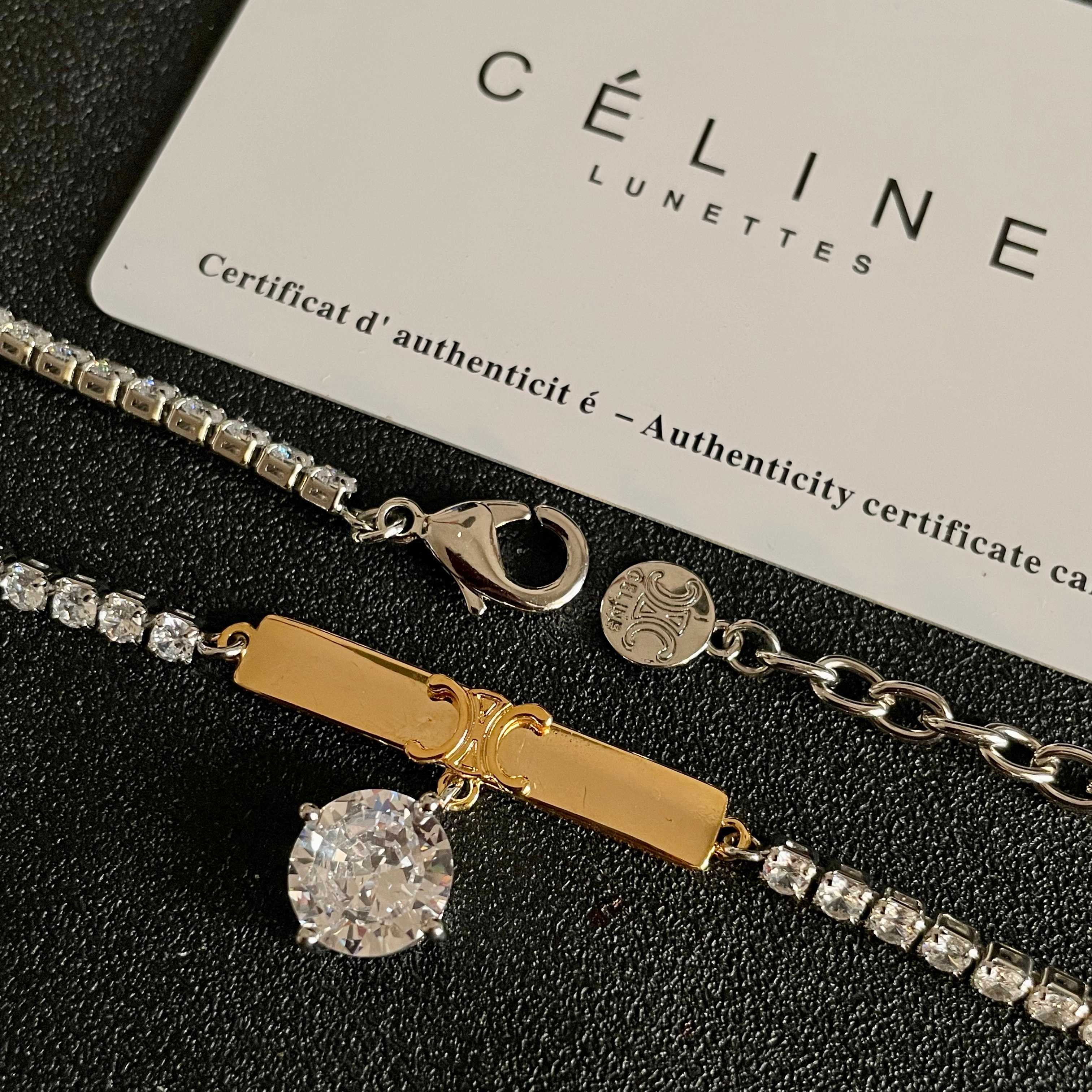 Celine Triomphe Bar Crystal Pendant Tennis Necklace necklace Two-tone silver-toned and gold-toned metal with clear faceted crystals 40cm