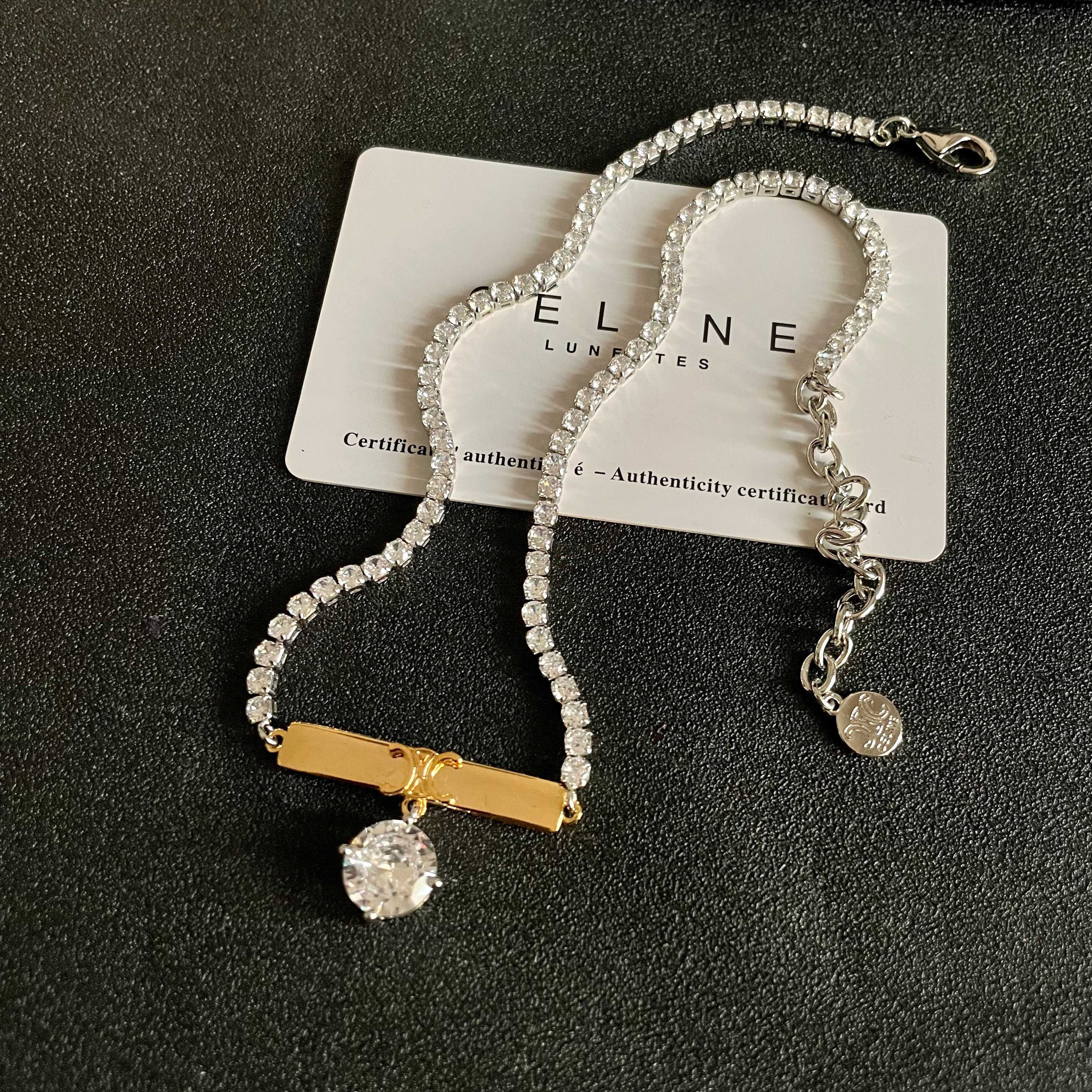 Celine Triomphe Bar Crystal Pendant Tennis Necklace necklace Two-tone silver-toned and gold-toned metal with clear faceted crystals 40cm