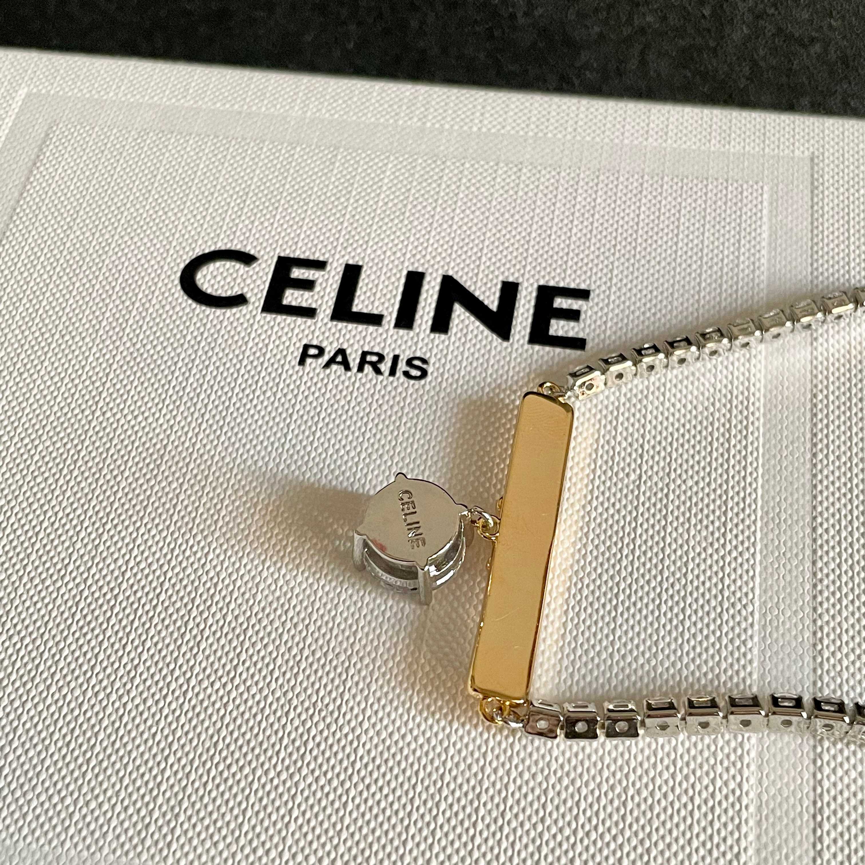Celine Triomphe Crystal Charm Bracelet bracelet Two-tone gold and silver metal with clear faceted crystal stones 16cm with 5cm extender chain