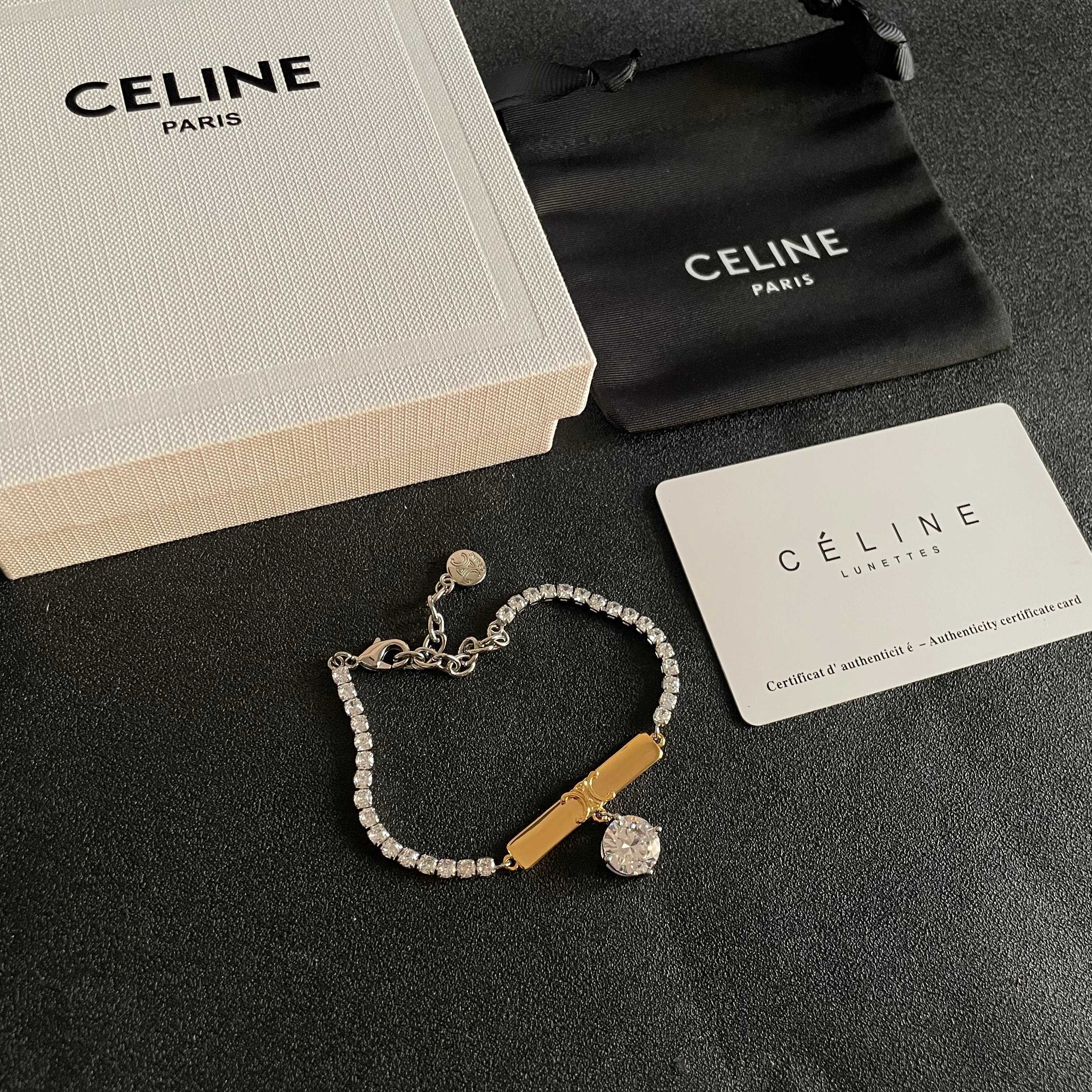Celine Triomphe Crystal Charm Bracelet bracelet Two-tone gold and silver metal with clear faceted crystal stones 16cm with 5cm extender chain