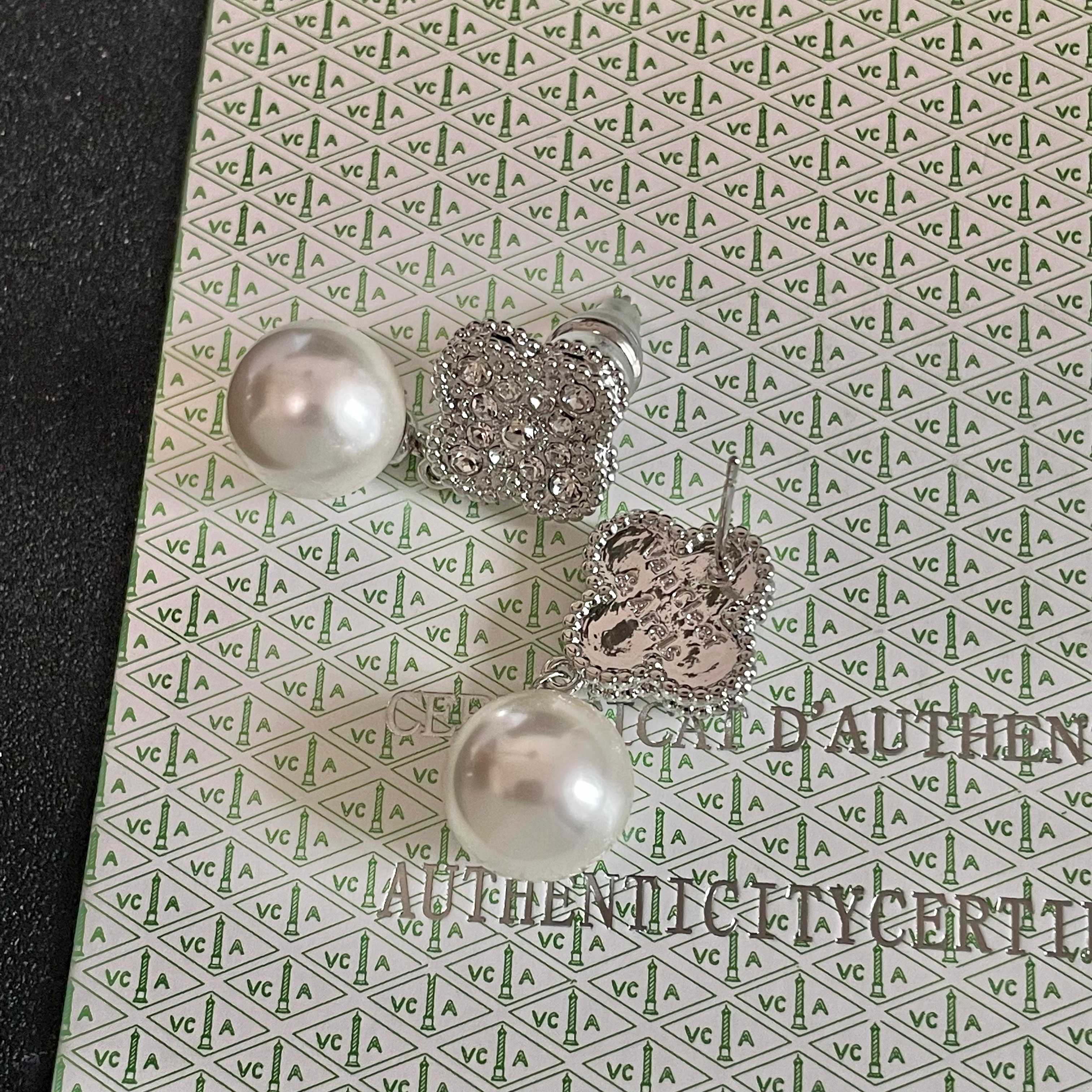Van Cleef Arpels Magic Alhambra earrings white gold metal with clear diamond pave and white cultured pearl 2 5cm drop length