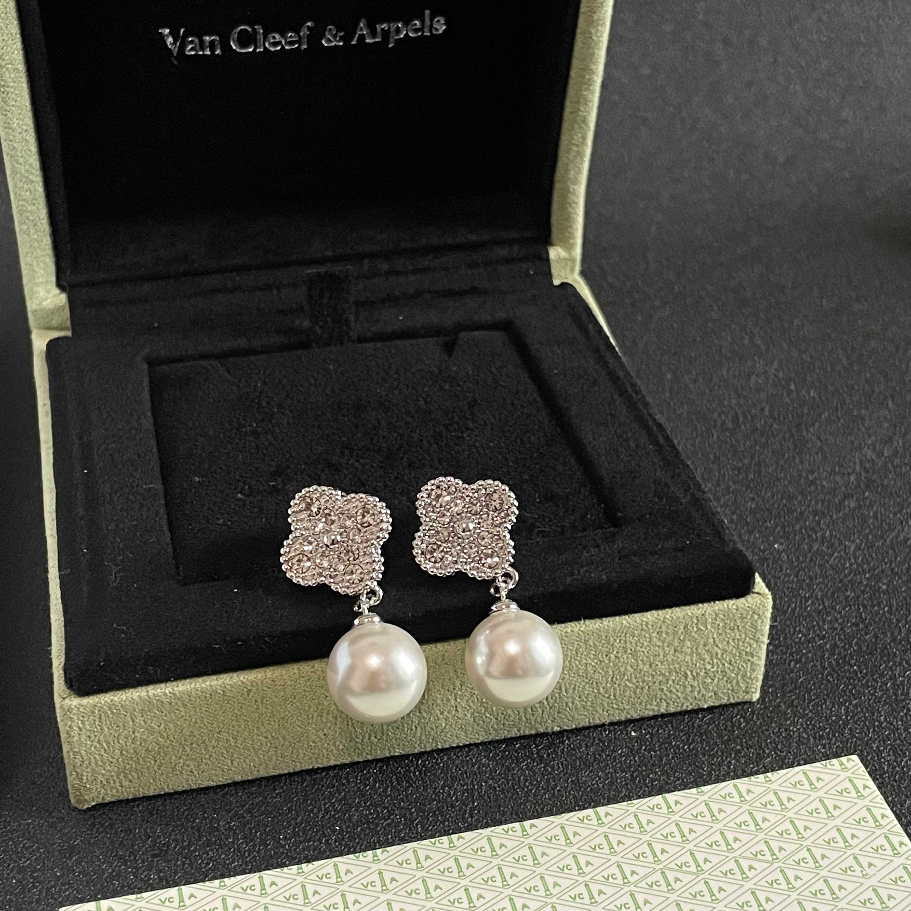 Van Cleef Arpels Magic Alhambra earrings white gold metal with clear diamond pave and white cultured pearl 2 5cm drop length