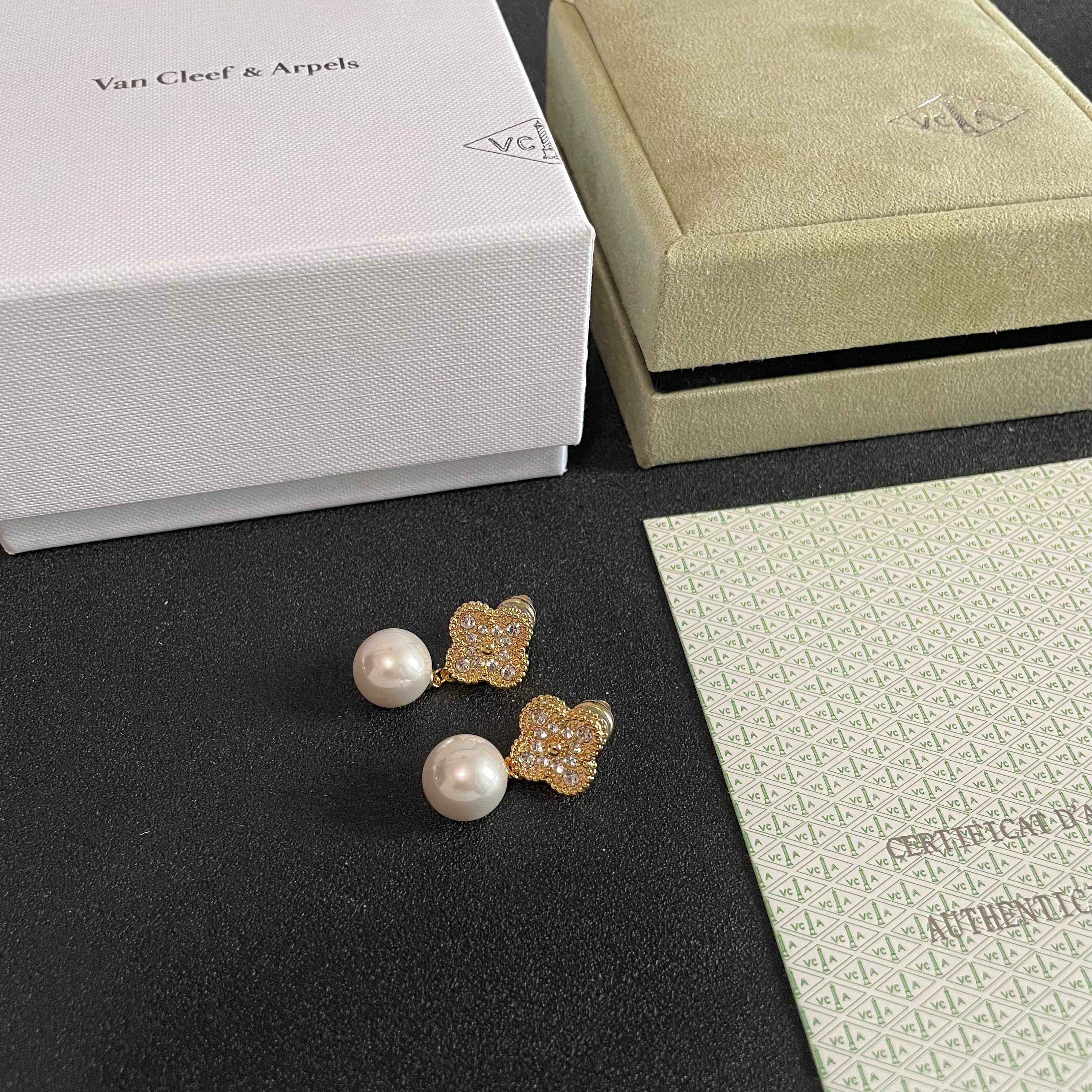 Van Cleef Arpels Alhambra earrings yellow gold clear diamond white pearl 2 5cm drop length
