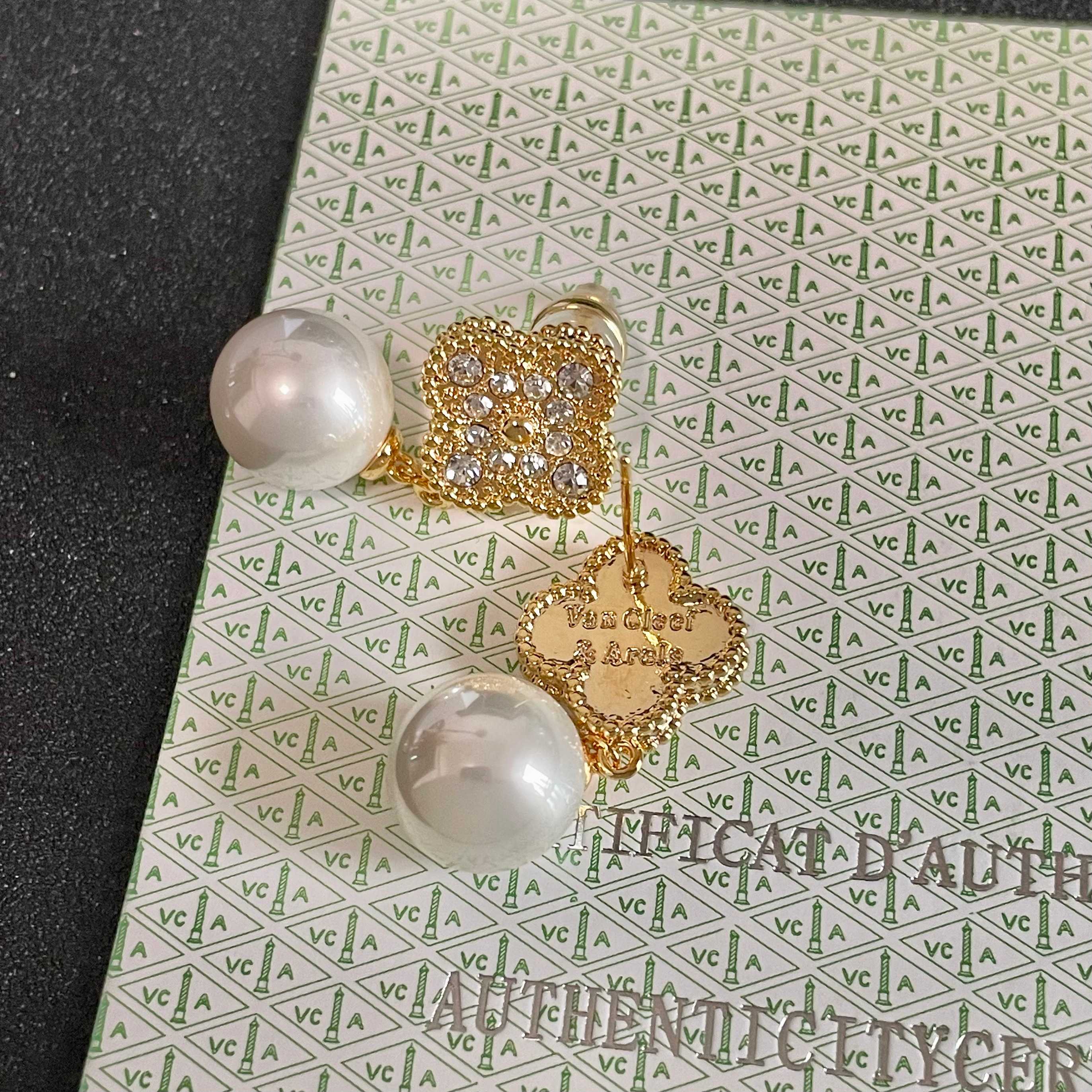 Van Cleef Arpels Alhambra earrings yellow gold clear diamond white pearl 2 5cm drop length