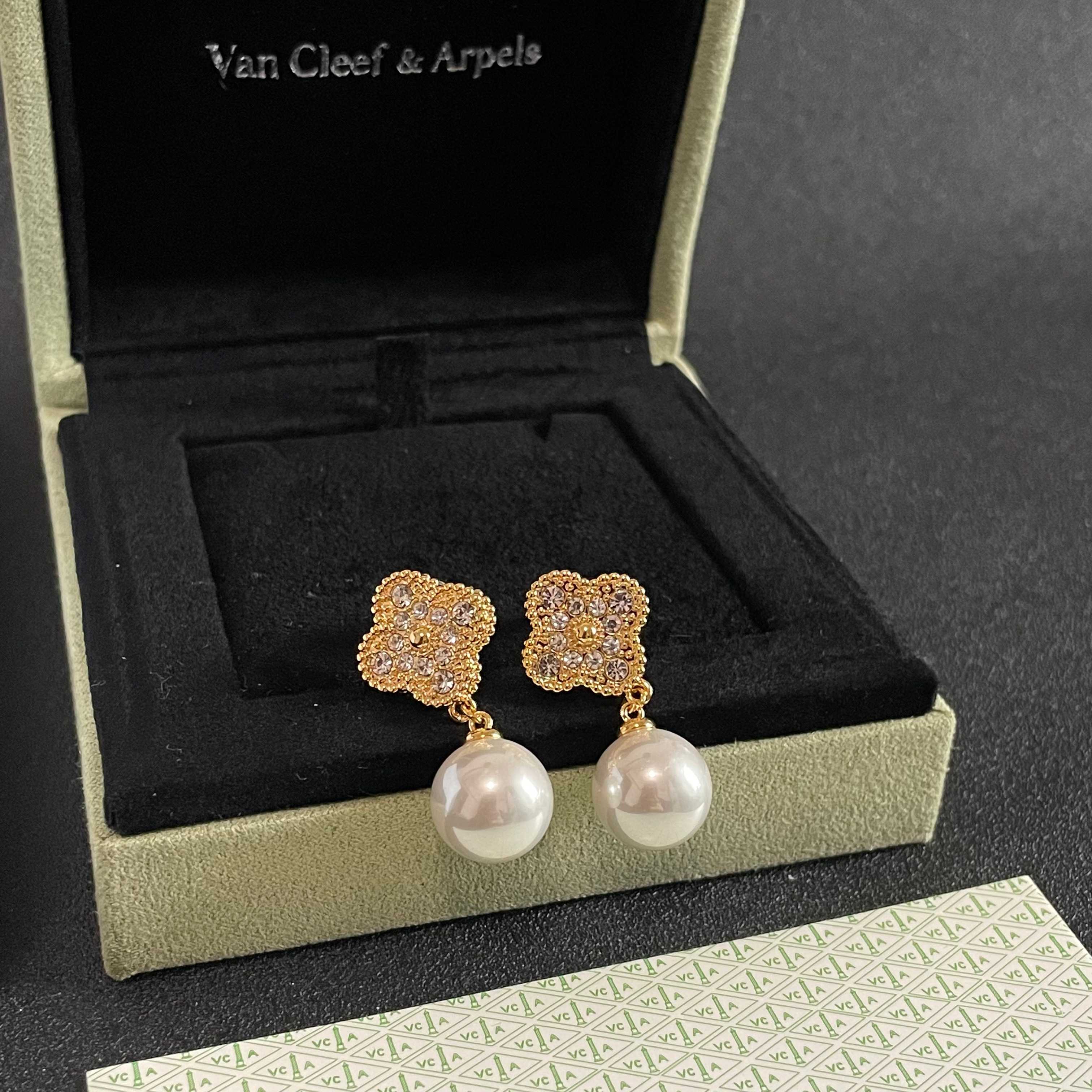 Van Cleef Arpels Alhambra earrings yellow gold clear diamond white pearl 2 5cm drop length