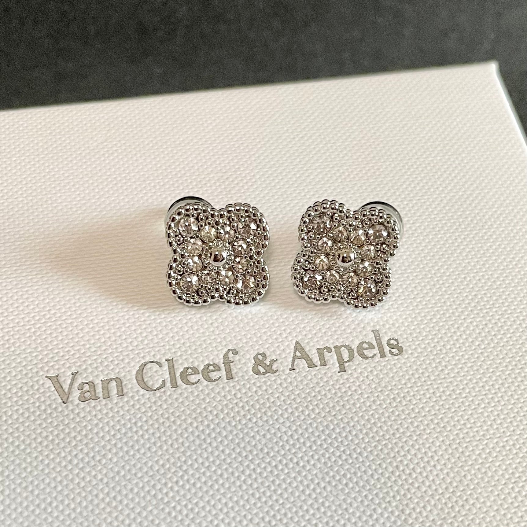 Van Cleef Arpels Magic Alhambra earrings white gold with diamond pave 15mm motif diameter
