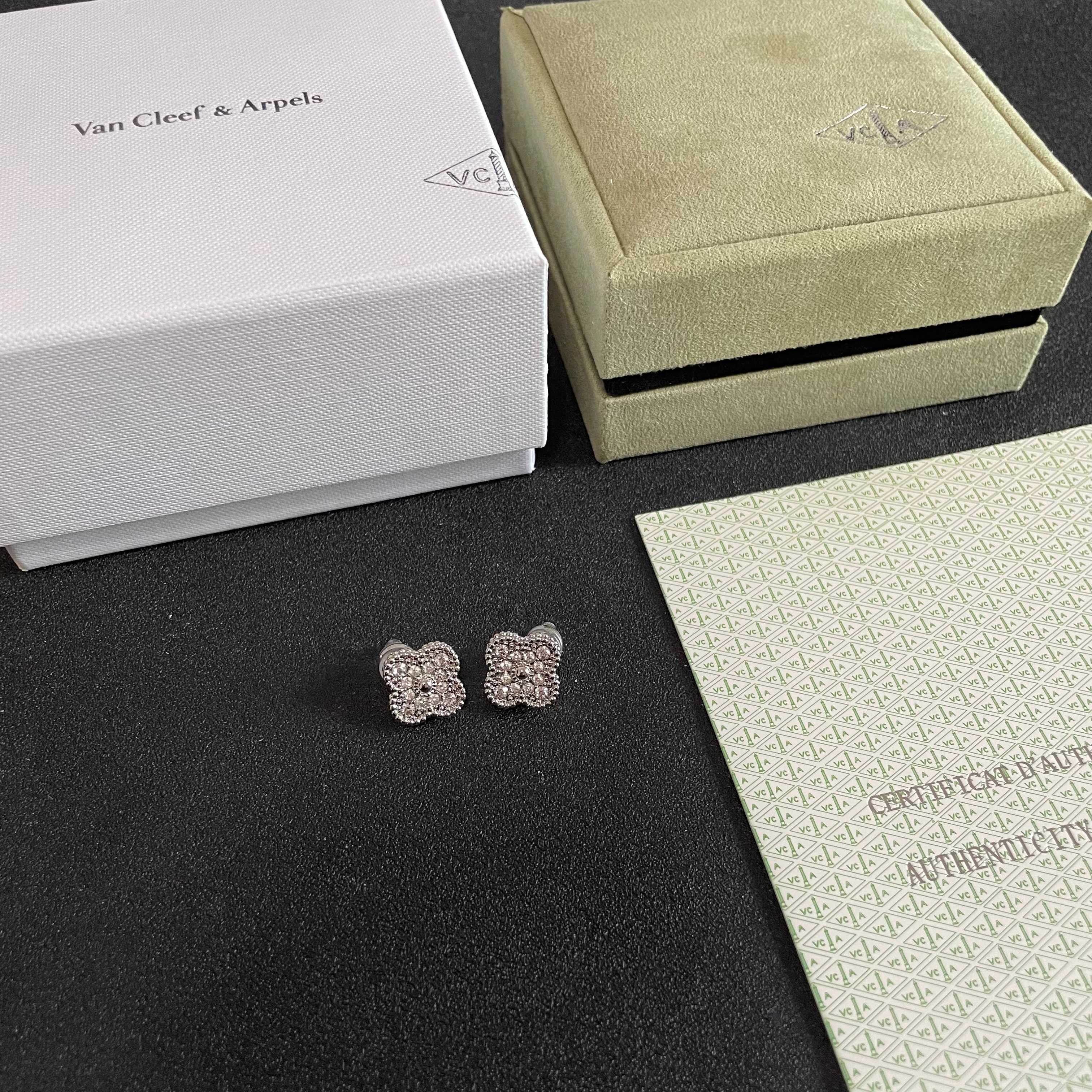 Van Cleef Arpels Magic Alhambra earrings white gold with diamond pave 15mm motif diameter
