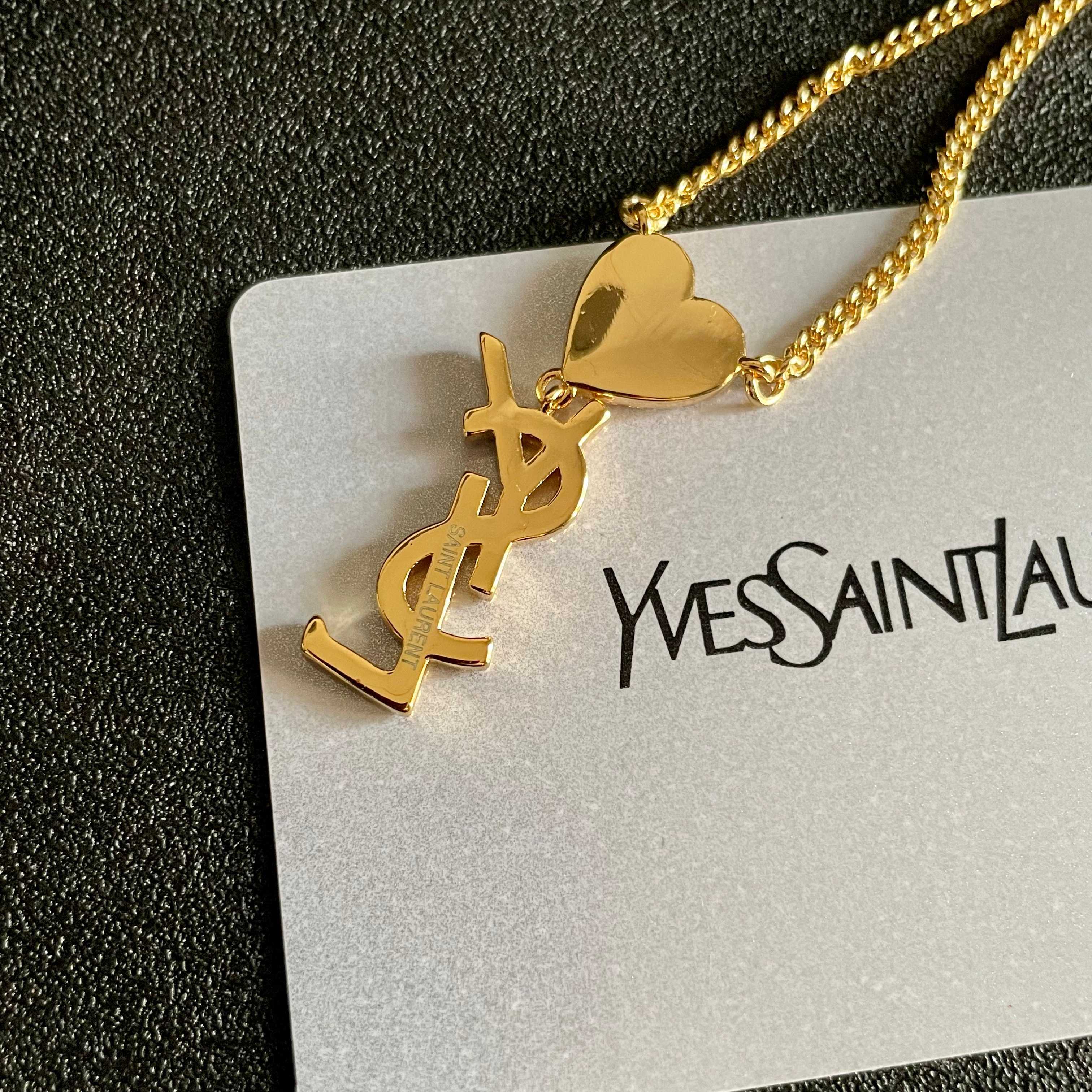 Saint Laurent 1961 Heart Monogram Pendant necklace Gold-tone metal with clear pave crystals 45cm