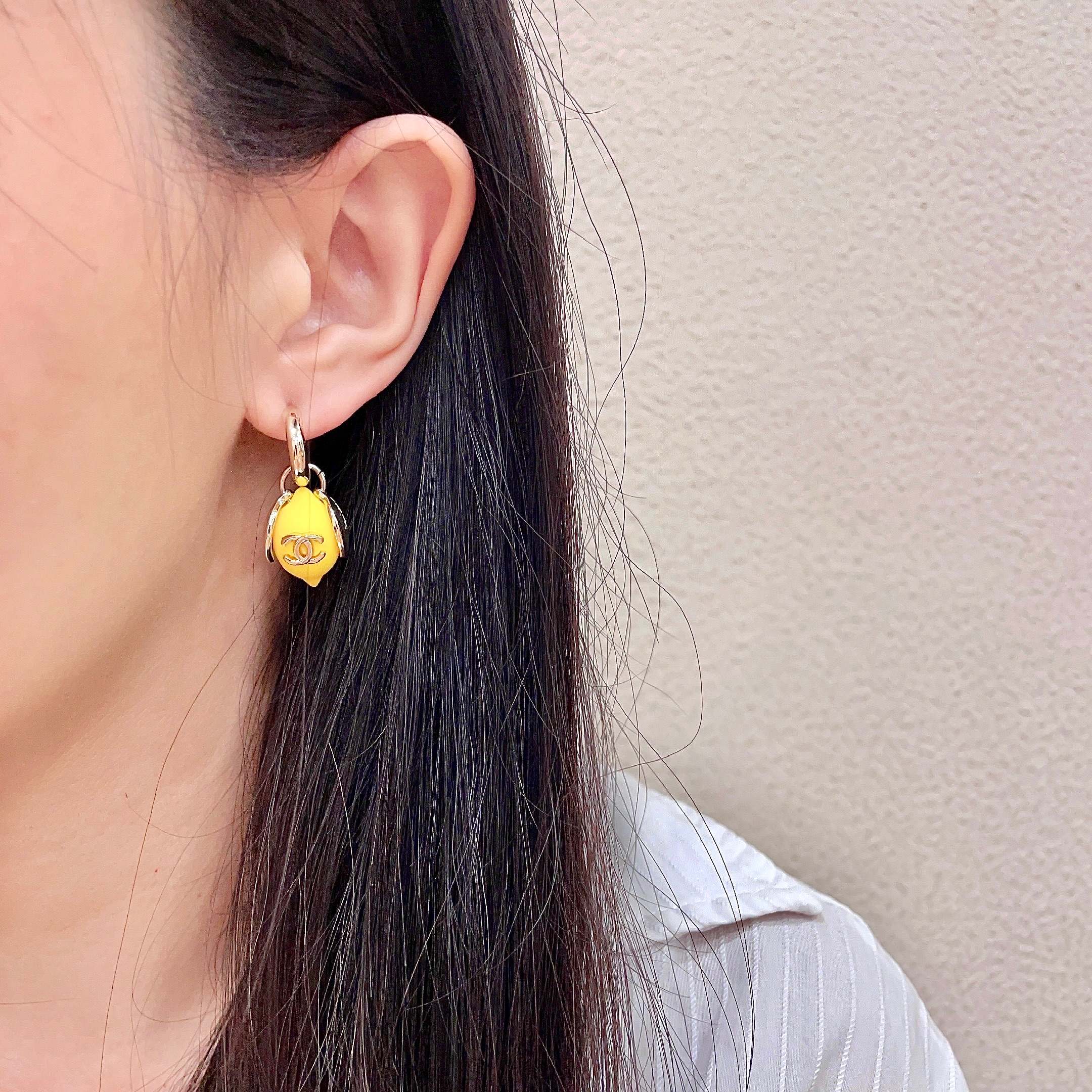 Chanel CC Lemon Drop Earrings earrings Gold-tone metal with bright yellow lemon resin accents One Size drop length approx 2 5cm