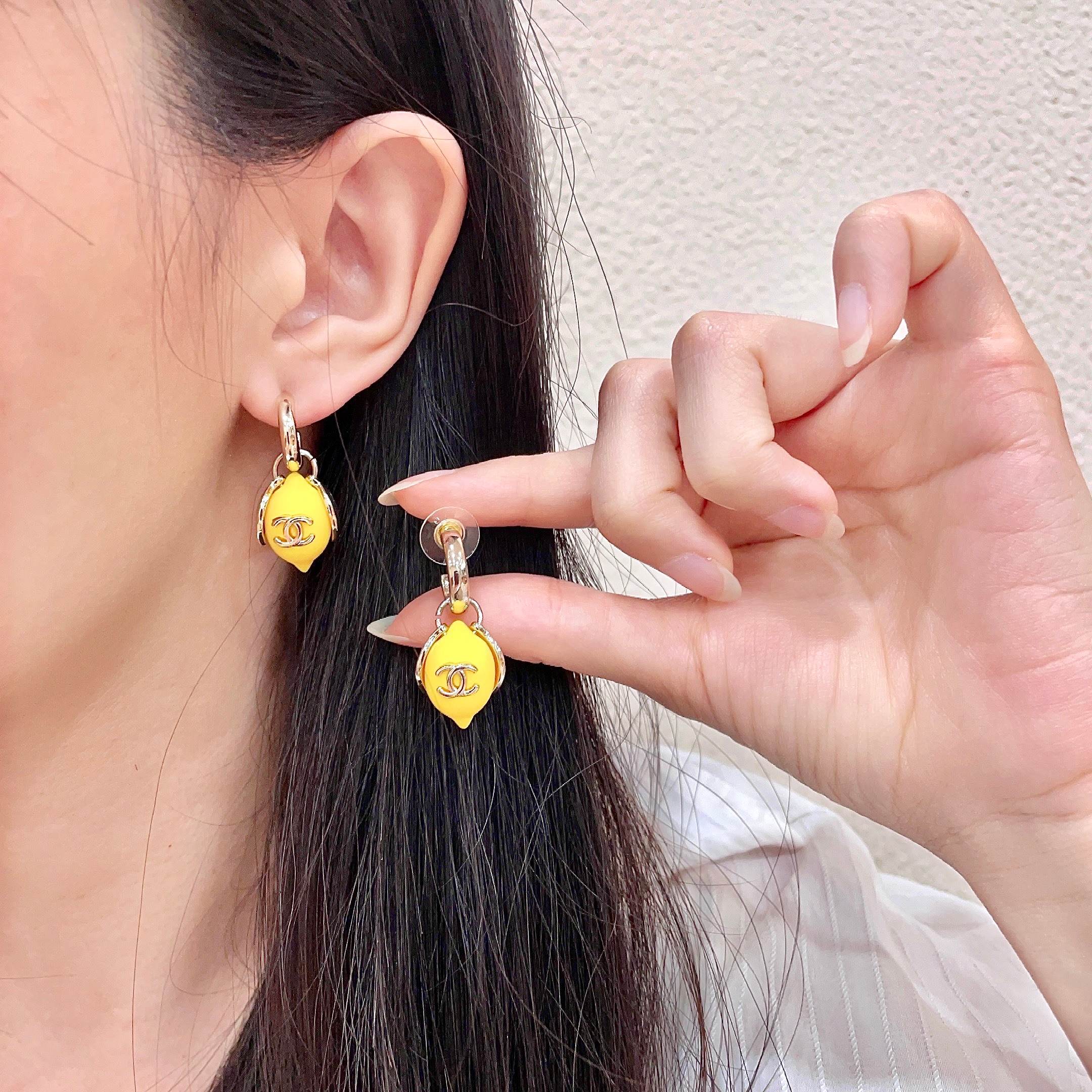 Chanel CC Lemon Drop Earrings earrings Gold-tone metal with bright yellow lemon resin accents One Size drop length approx 2 5cm