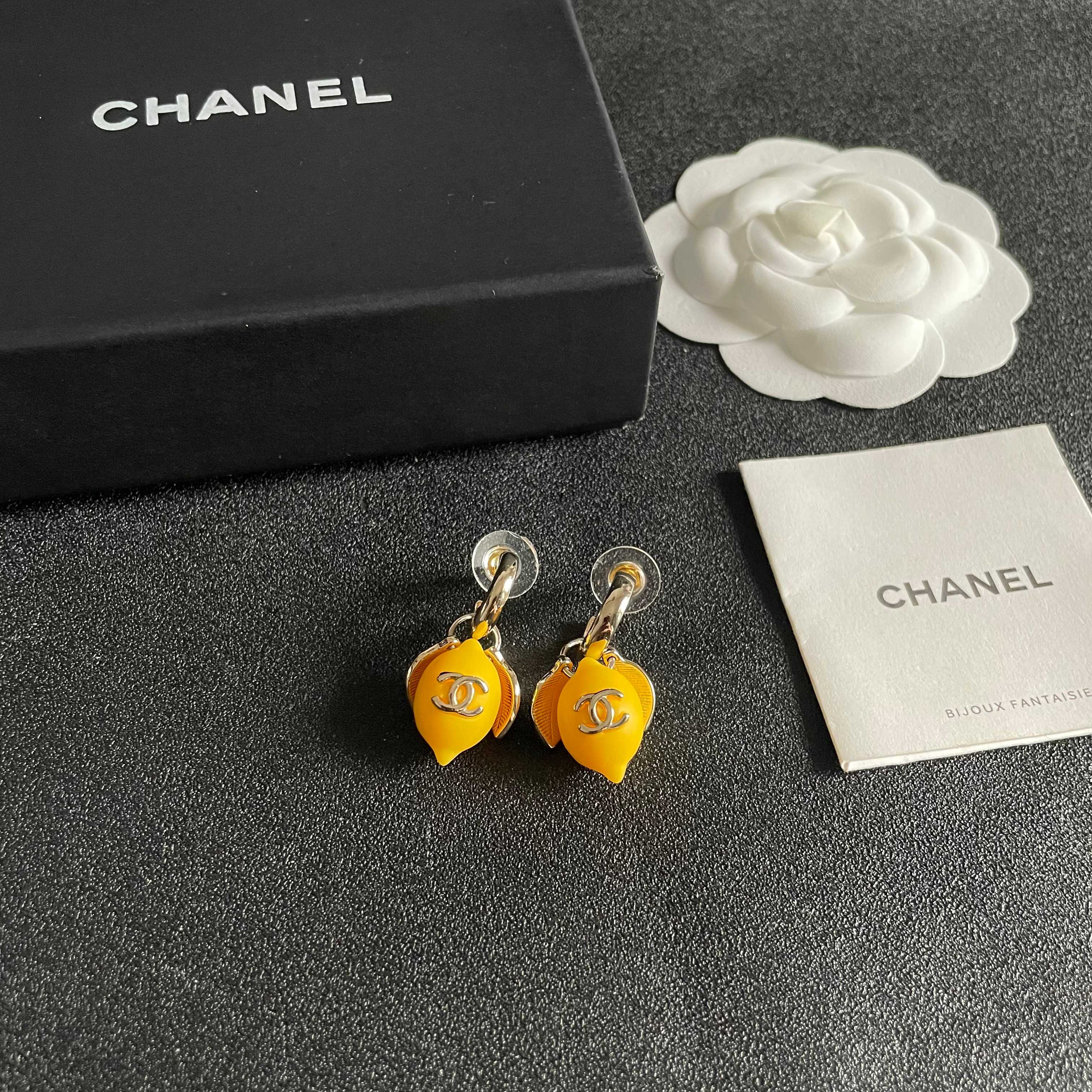 Chanel CC Lemon Drop Earrings earrings Gold-tone metal with bright yellow lemon resin accents One Size drop length approx 2 5cm