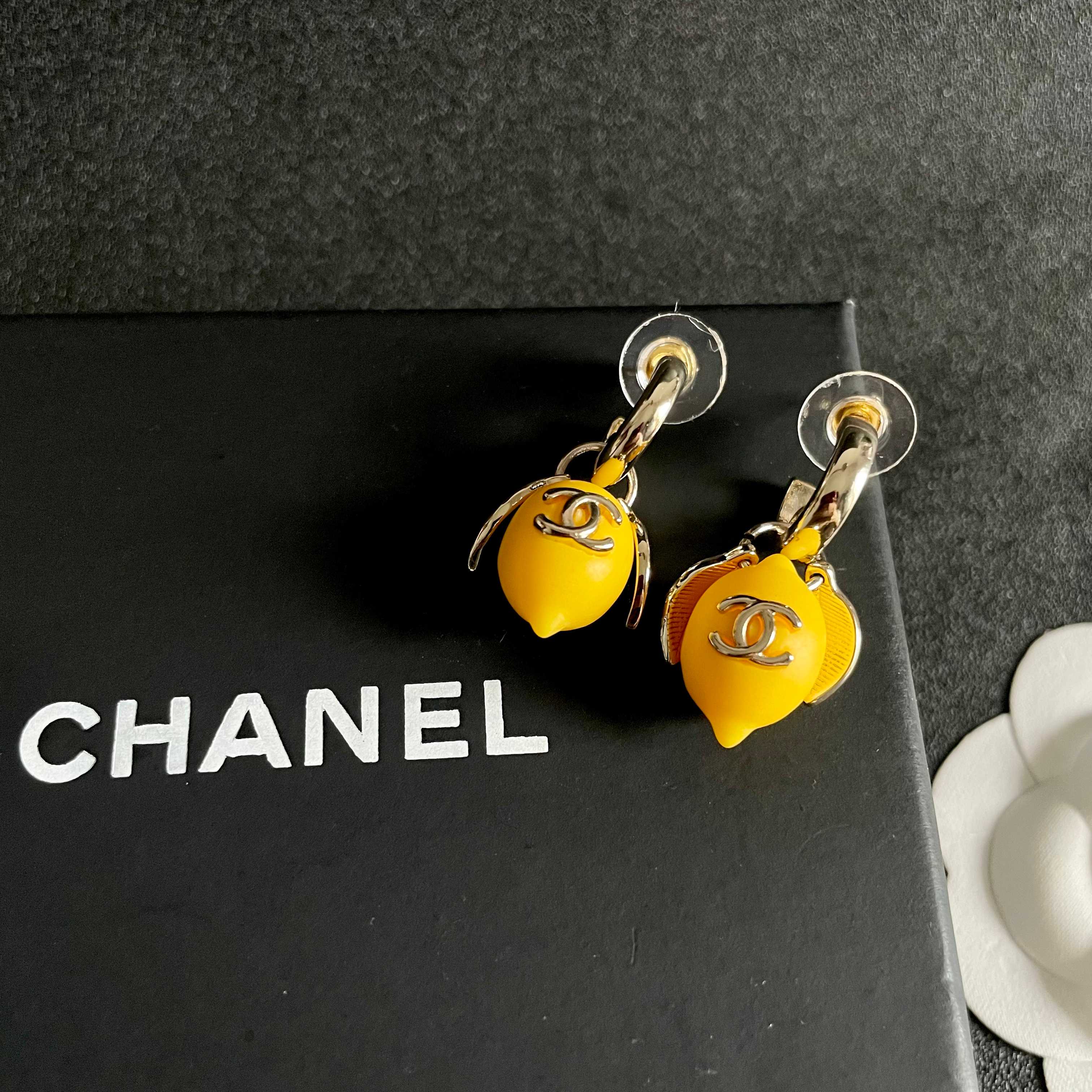 Chanel CC Lemon Drop Earrings earrings Gold-tone metal with bright yellow lemon resin accents One Size drop length approx 2 5cm