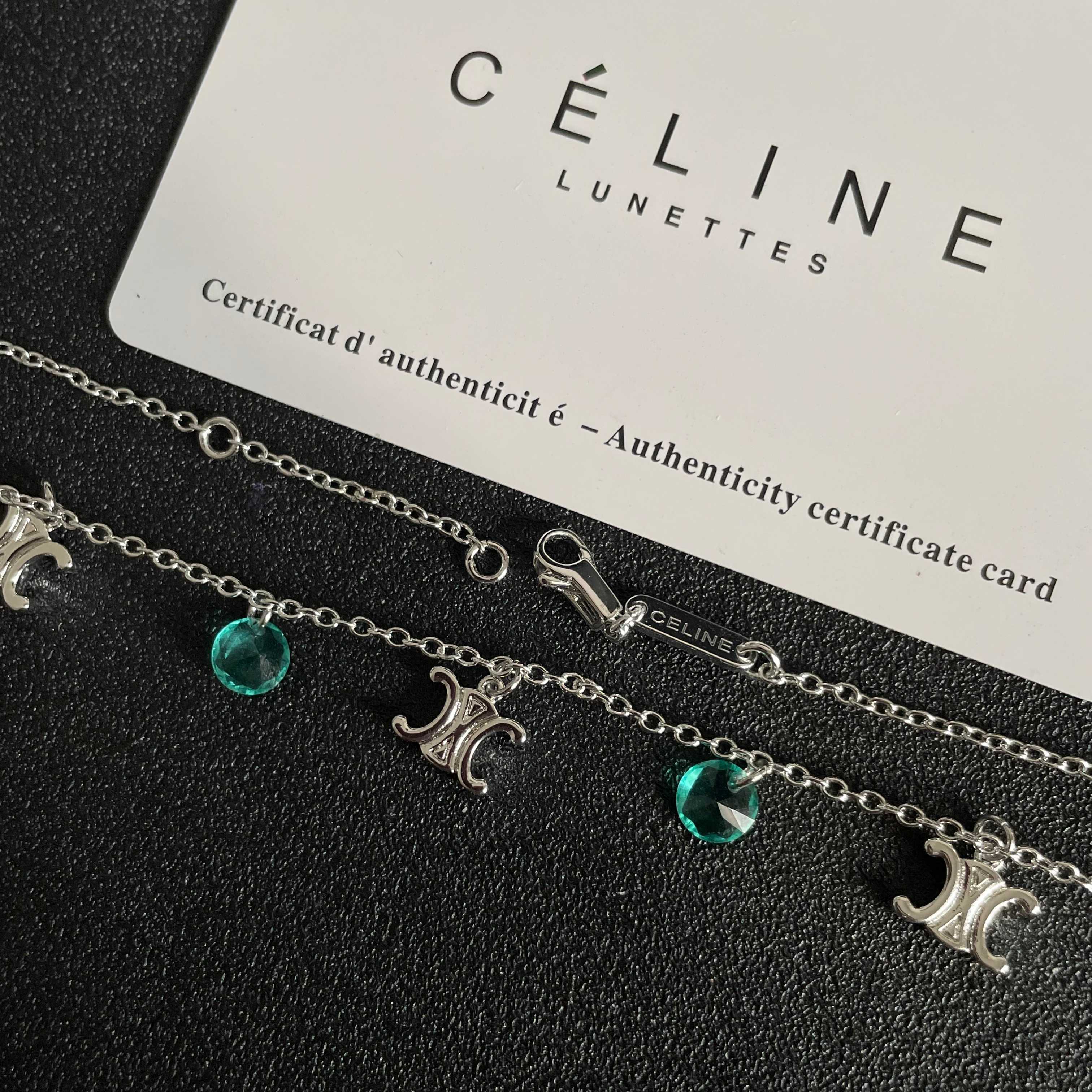 Celine Triomphe Multi Charm Necklace necklace Silver-toned metal with red pink teal and green faceted crystal charms 40cm