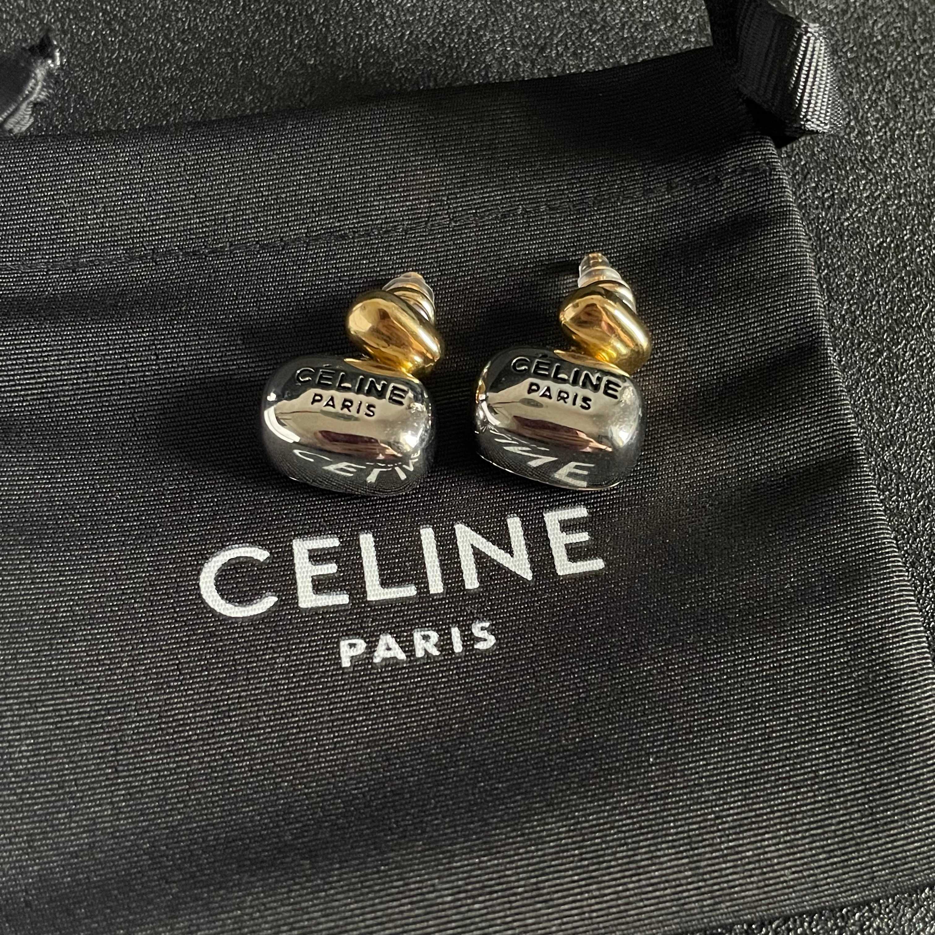 Celine Paris Logo Two-Tone Drop Earrings earrings Two-tone gold and silver metal with black engraved logo 1 5cm drop length