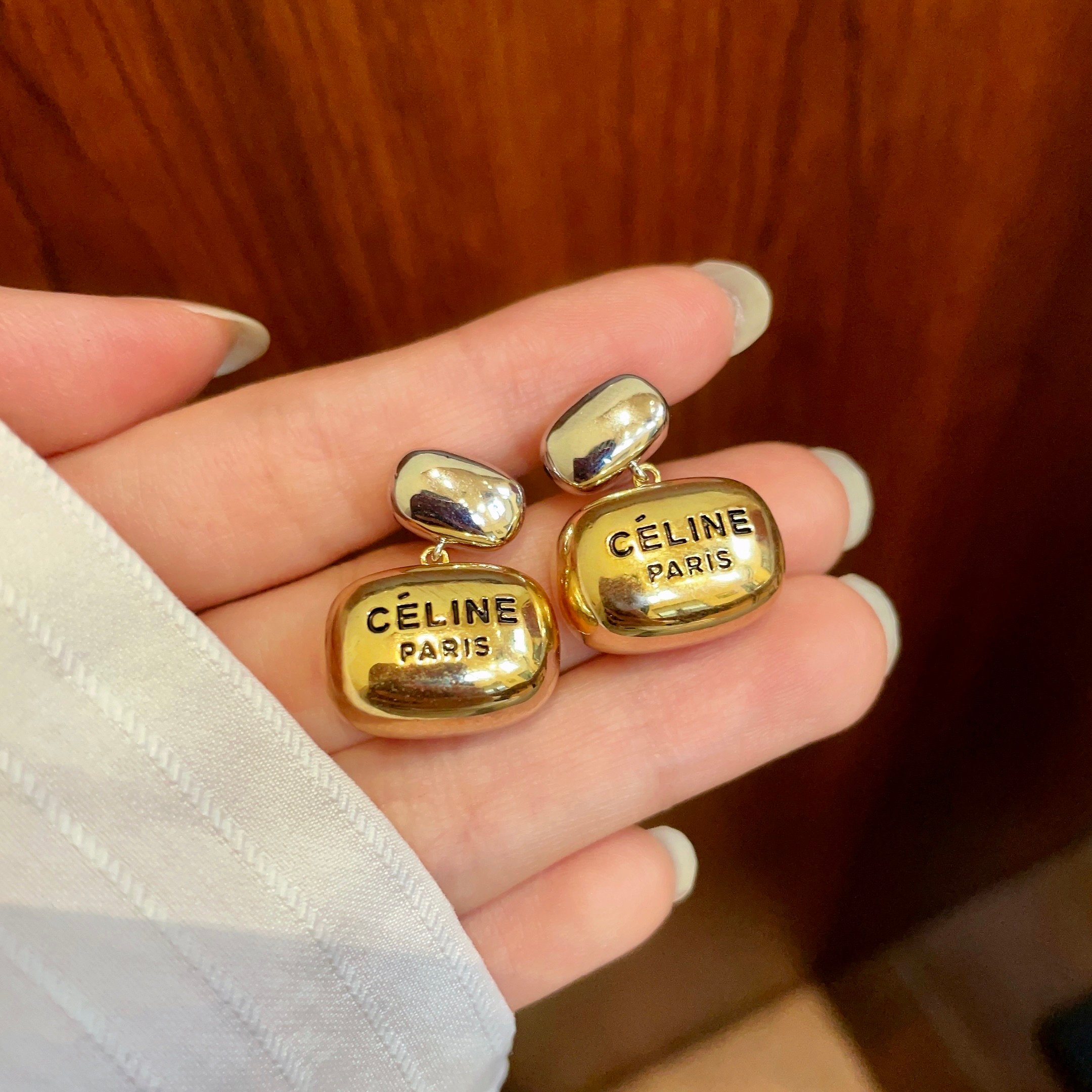 Celine Paris Logo Two-Tone Drop Earrings earrings Two-tone silver and gold metal no gemstones 2cm drop length