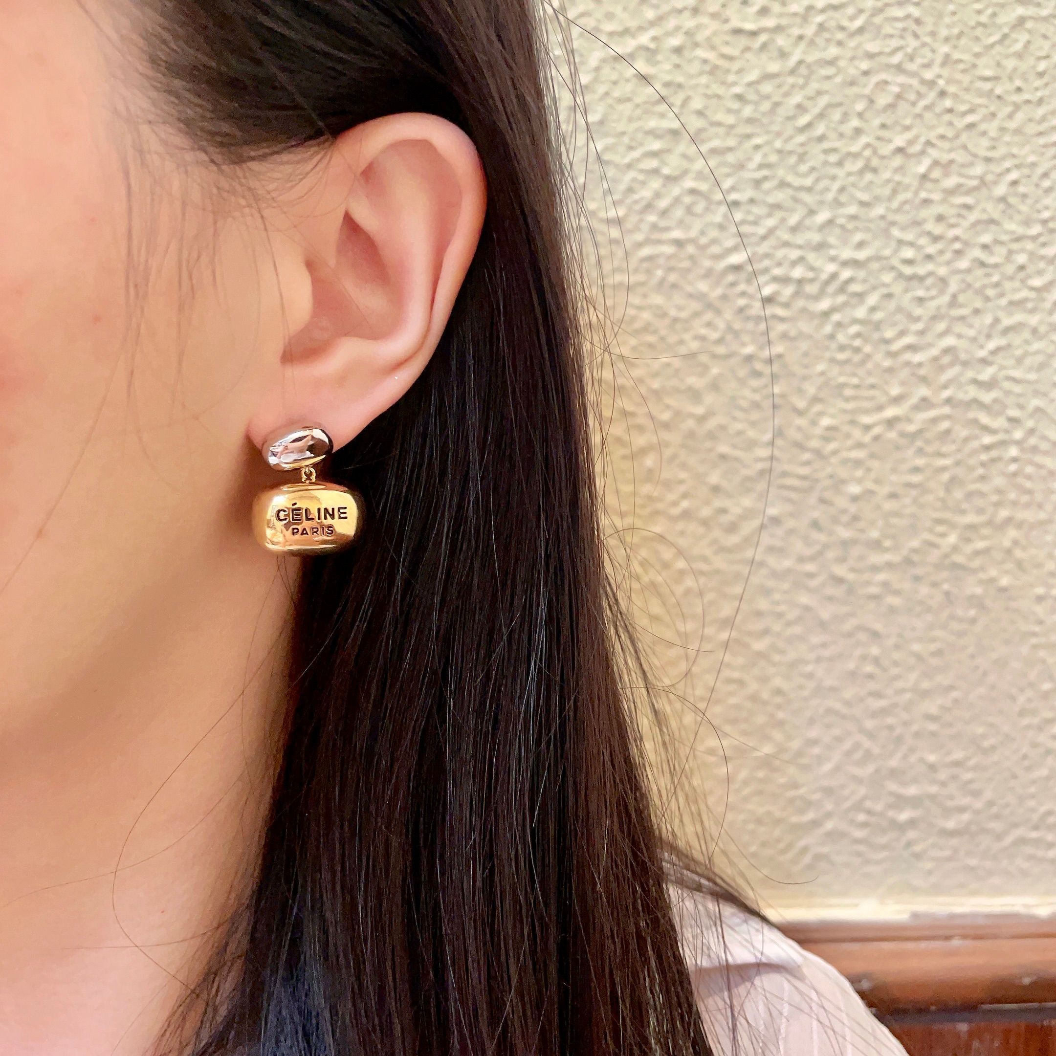 Celine Paris Logo Two-Tone Drop Earrings earrings Two-tone silver and gold metal no gemstones 2cm drop length