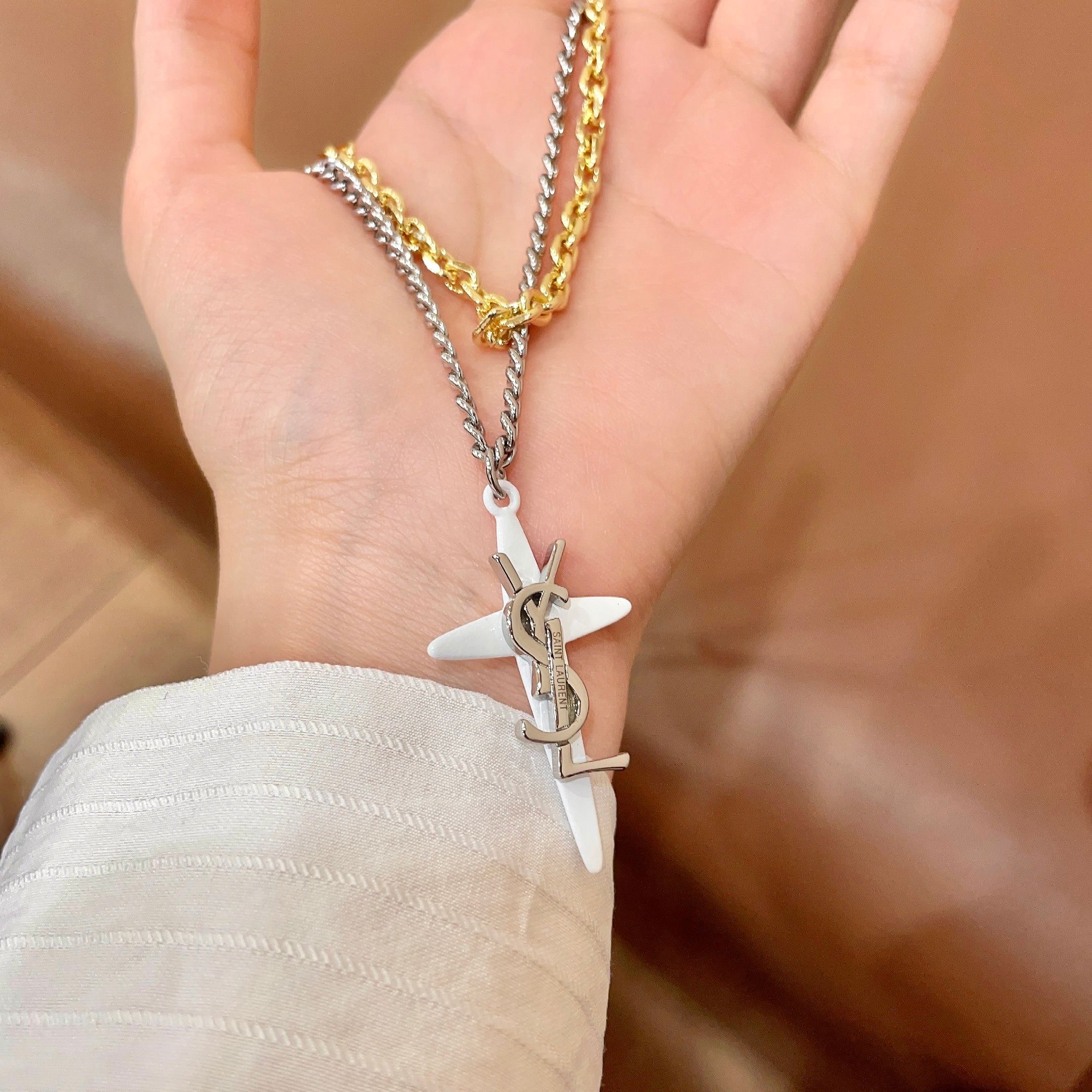 Saint Laurent Cassandre Cross Pendant Layered Necklace necklace Silver-tone and gold-tone metal white enamel cross pendant 45cm