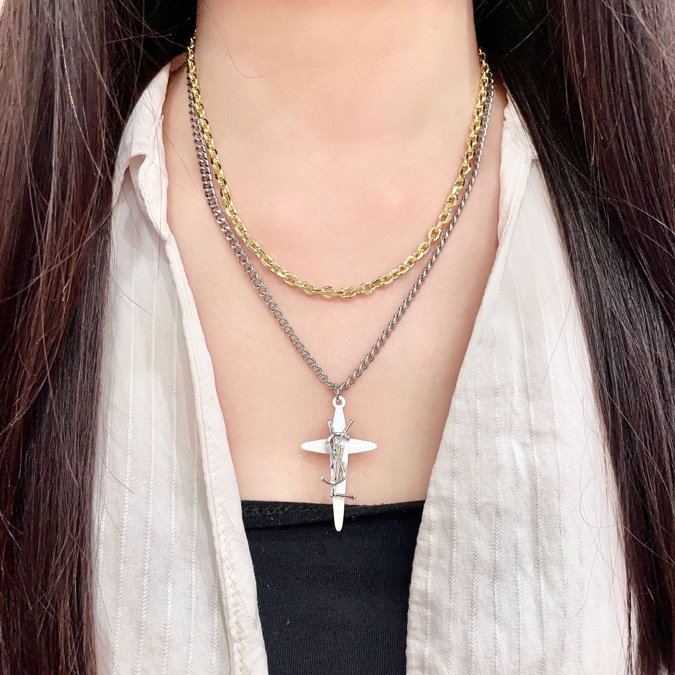 Saint Laurent Cassandre Cross Pendant Layered Necklace necklace Silver-tone and gold-tone metal white enamel cross pendant 45cm