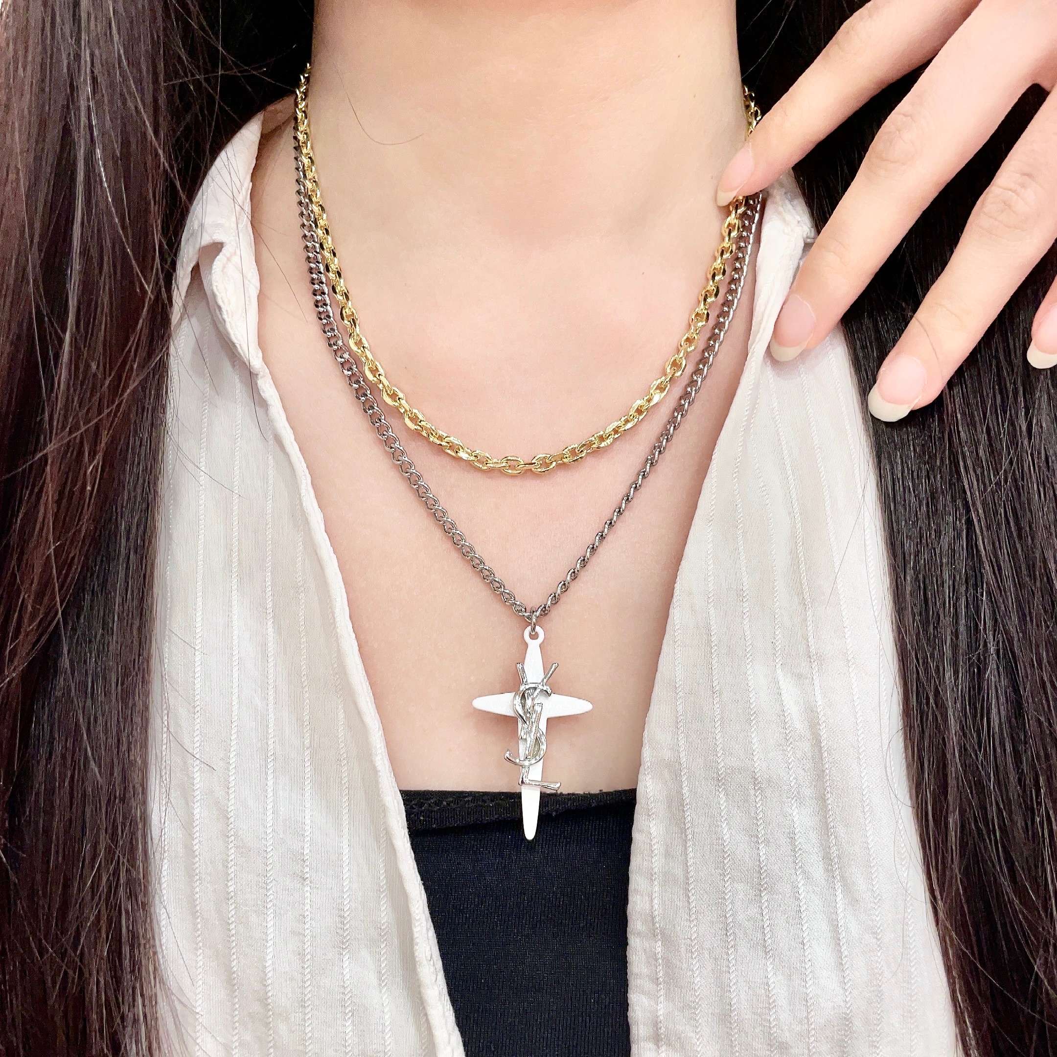 Saint Laurent Cassandre Cross Pendant Layered Necklace necklace Silver-tone and gold-tone metal white enamel cross pendant 45cm