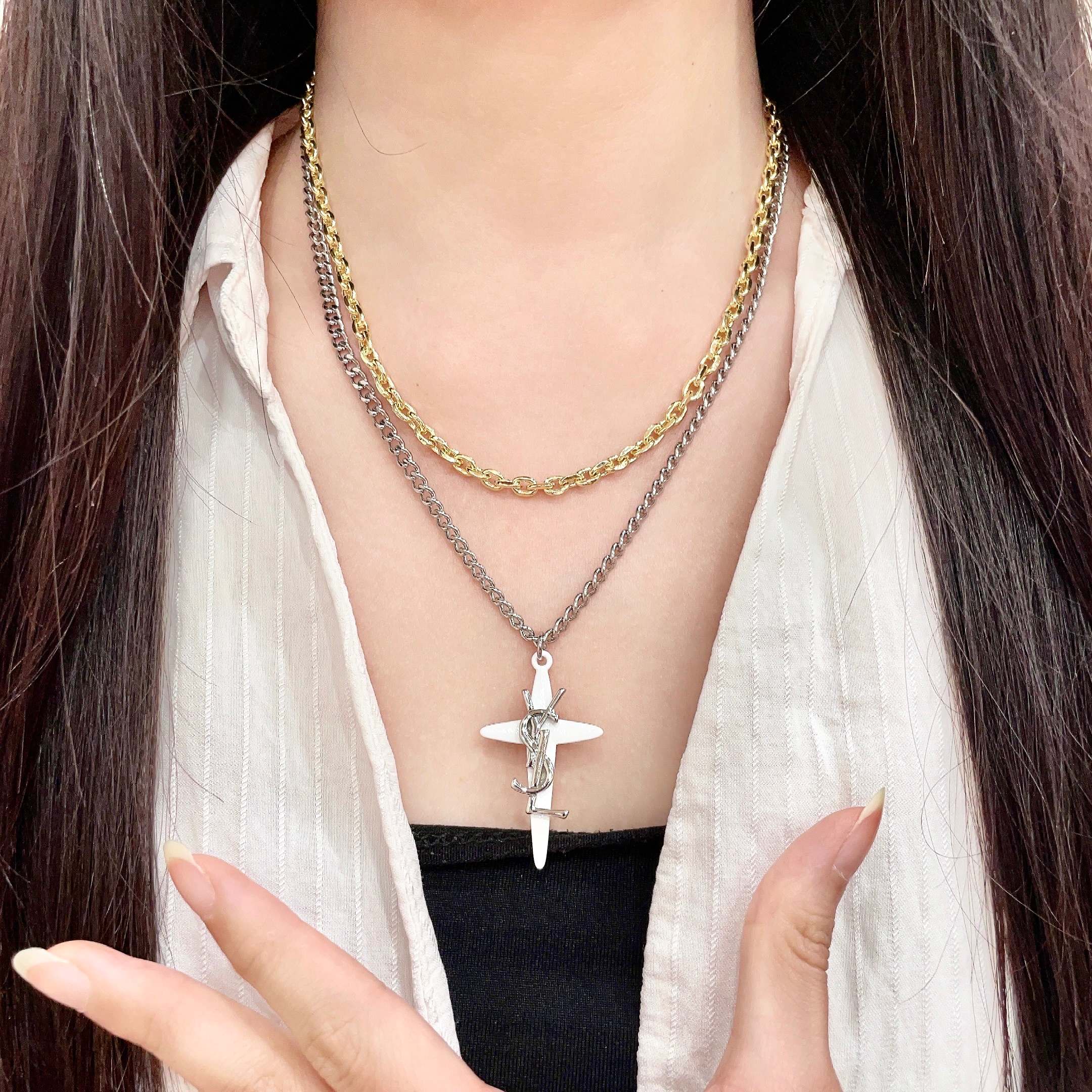 Saint Laurent Cassandre Cross Pendant Layered Necklace necklace Silver-tone and gold-tone metal white enamel cross pendant 45cm