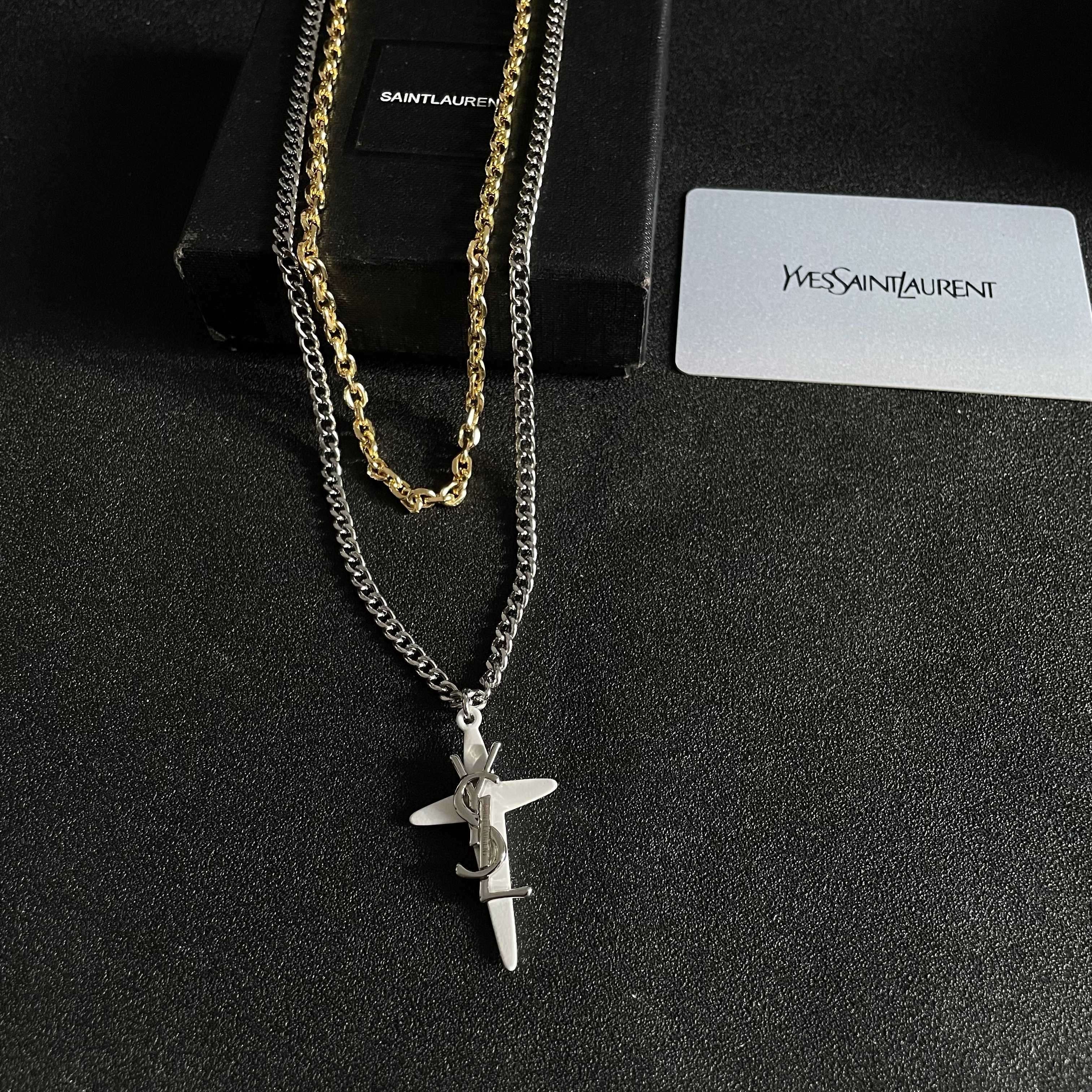 Saint Laurent Cassandre Cross Pendant Layered Necklace necklace Silver-tone and gold-tone metal white enamel cross pendant 45cm