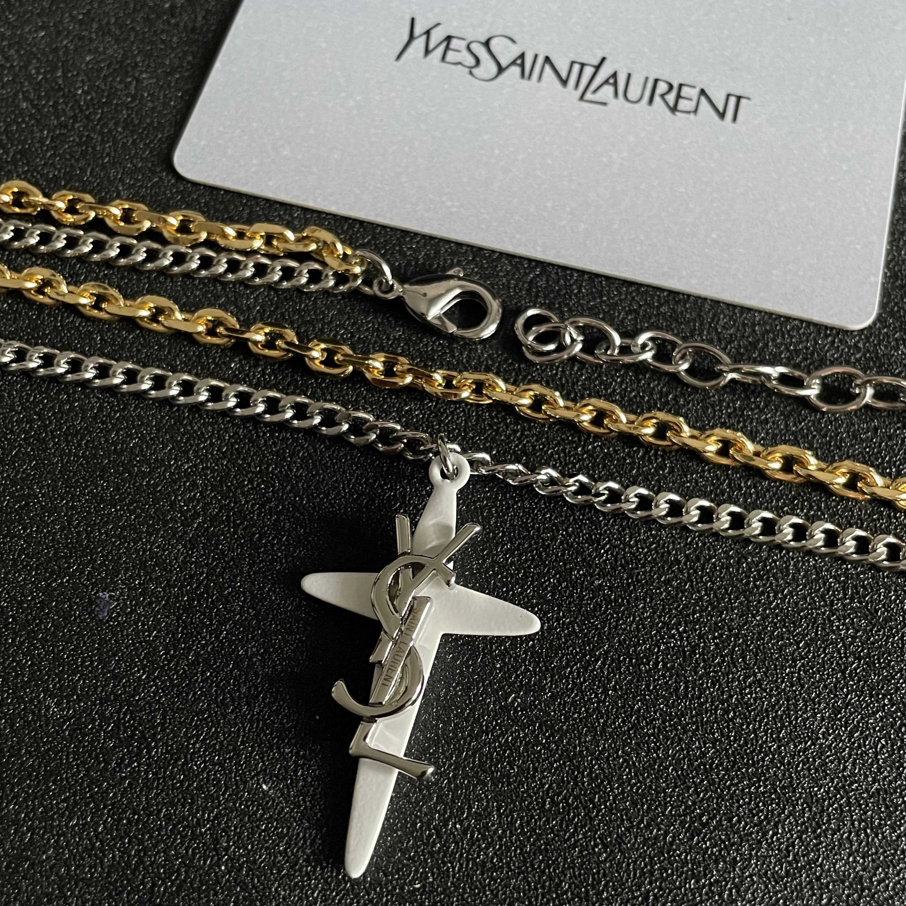 Saint Laurent Cassandre Cross Pendant Layered Necklace necklace Silver-tone and gold-tone metal white enamel cross pendant 45cm