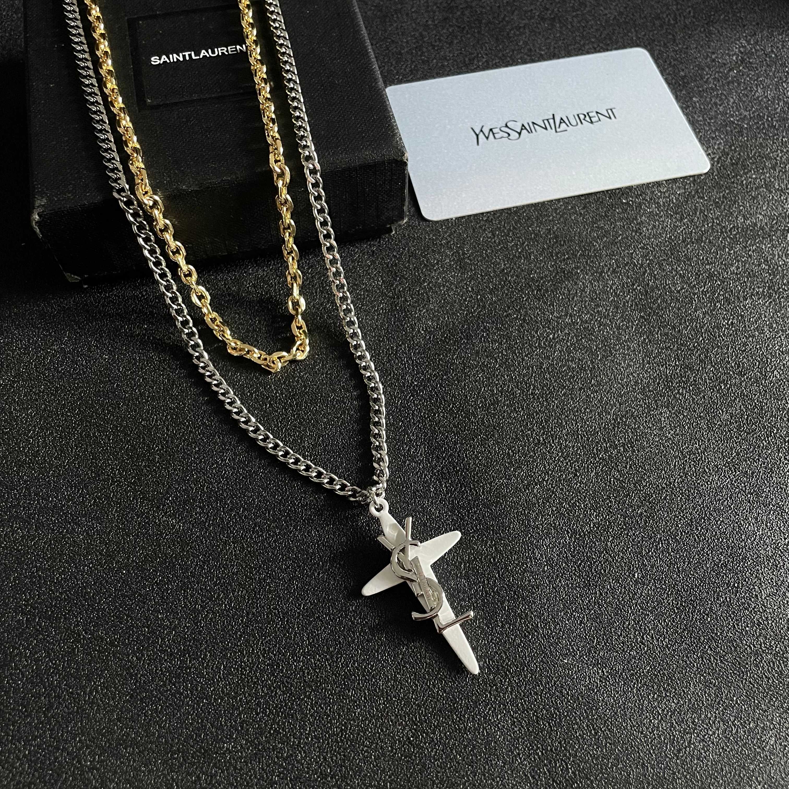Saint Laurent Cassandre Cross Pendant Layered Necklace necklace Silver-tone and gold-tone metal white enamel cross pendant 45cm