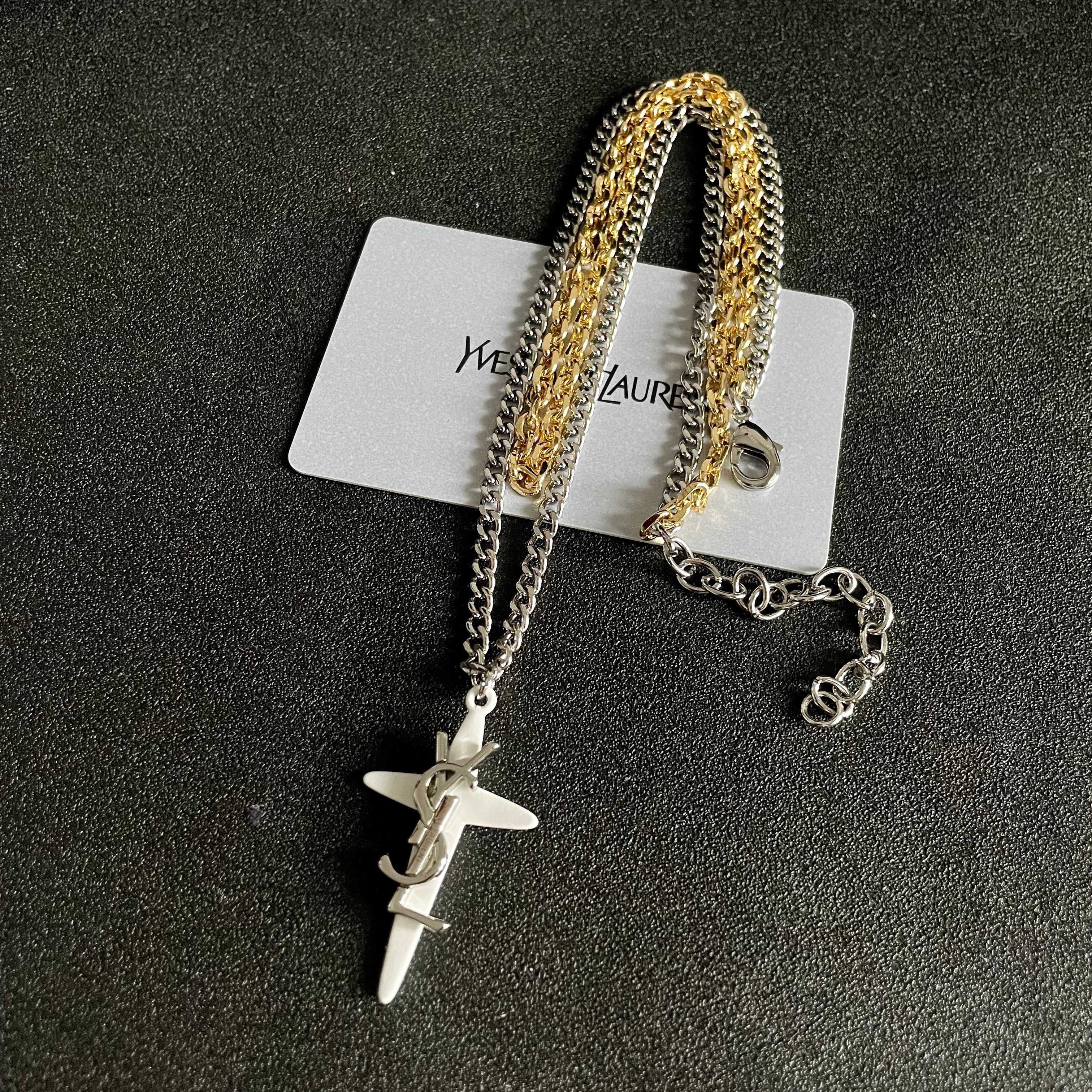 Saint Laurent Cassandre Cross Pendant Layered Necklace necklace Silver-tone and gold-tone metal white enamel cross pendant 45cm
