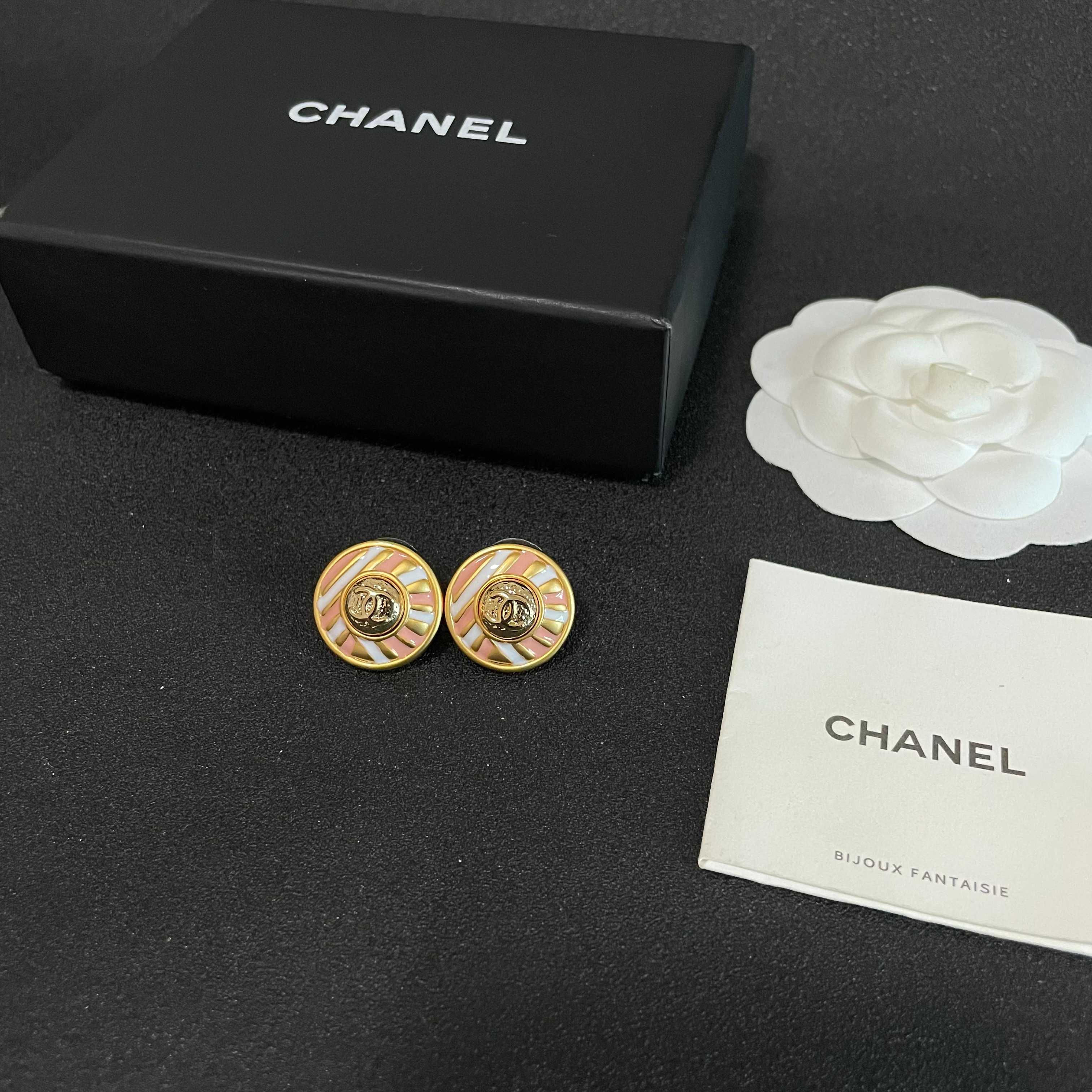 Chanel CC Logo Striped Enamel Button Earrings earrings gold tone metal with pink and white enamel 2cm diameter