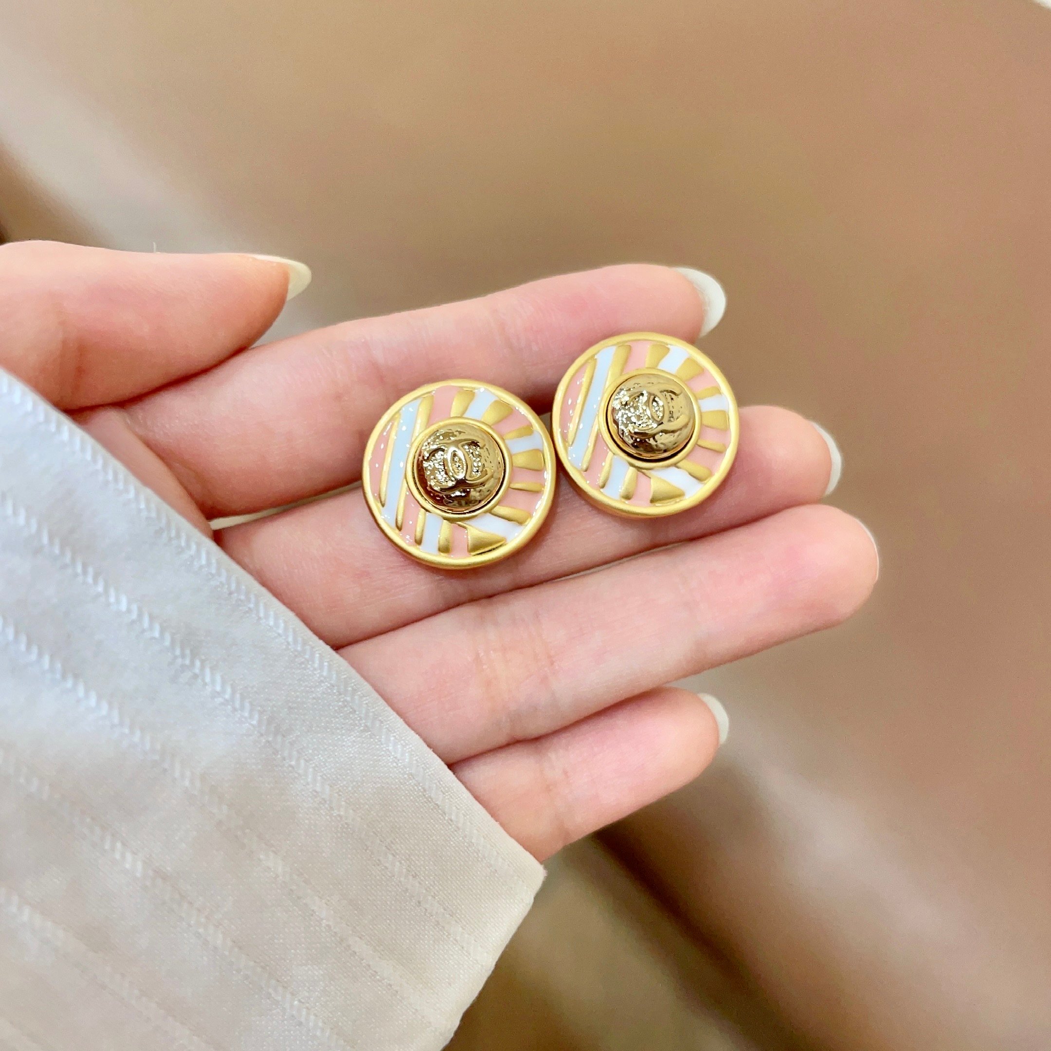 Chanel CC Logo Striped Enamel Button Earrings earrings gold tone metal with pink and white enamel 2cm diameter