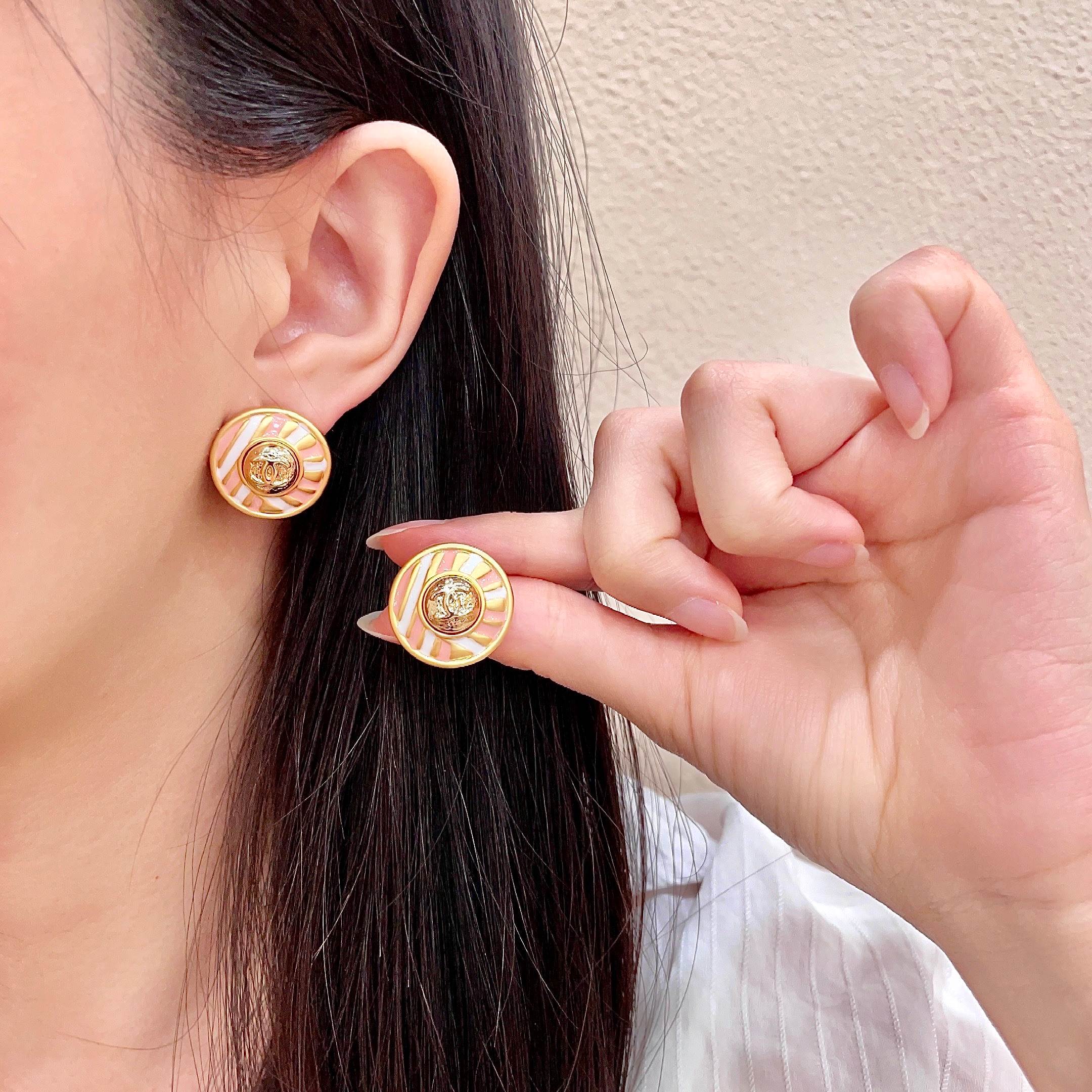Chanel CC Logo Striped Enamel Button Earrings earrings gold tone metal with pink and white enamel 2cm diameter