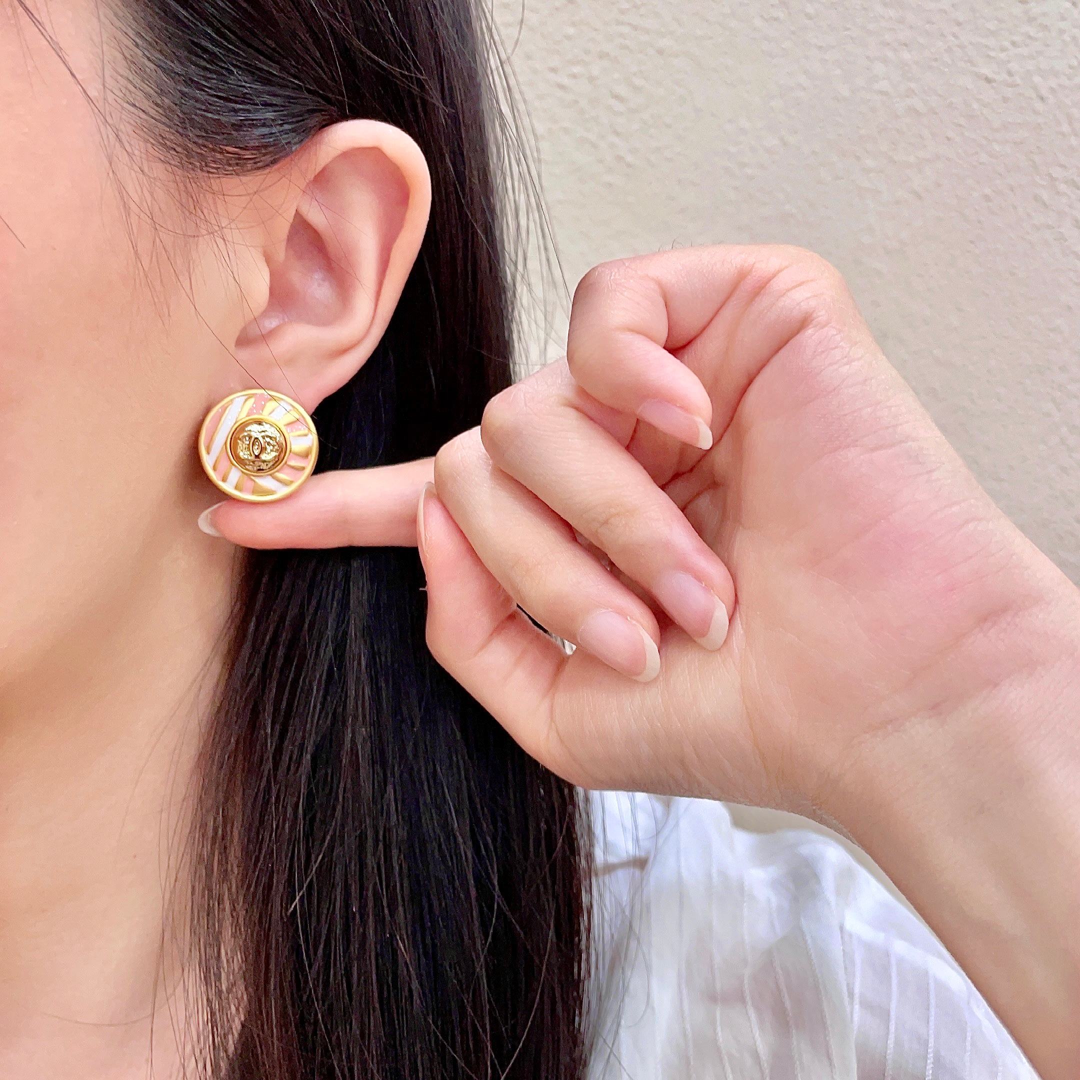 Chanel CC Logo Striped Enamel Button Earrings earrings gold tone metal with pink and white enamel 2cm diameter