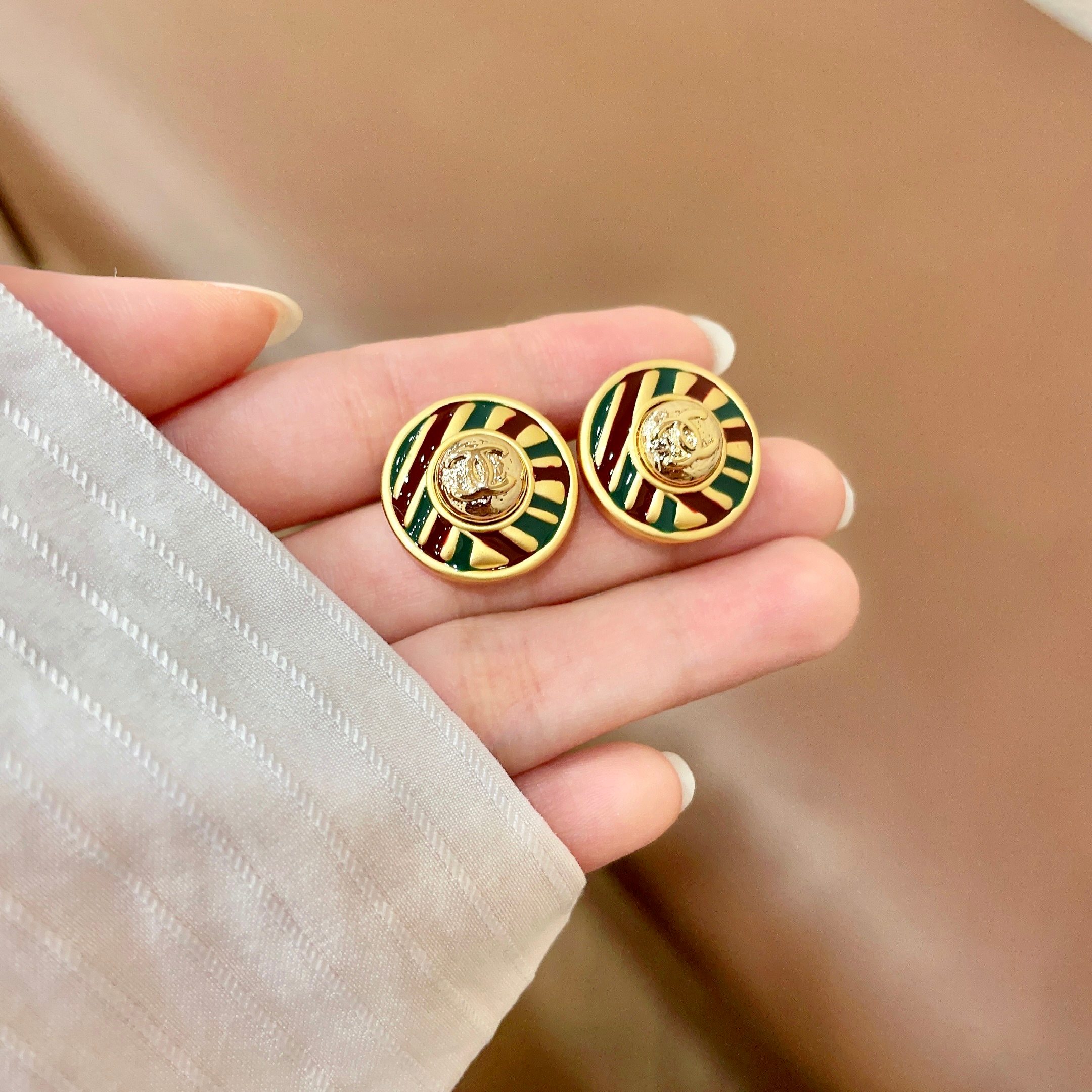 Chanel CC Logo Striped Enamel Button Earrings earrings Gold-tone metal with green burgundy and gold enamel 1 8cm diameter