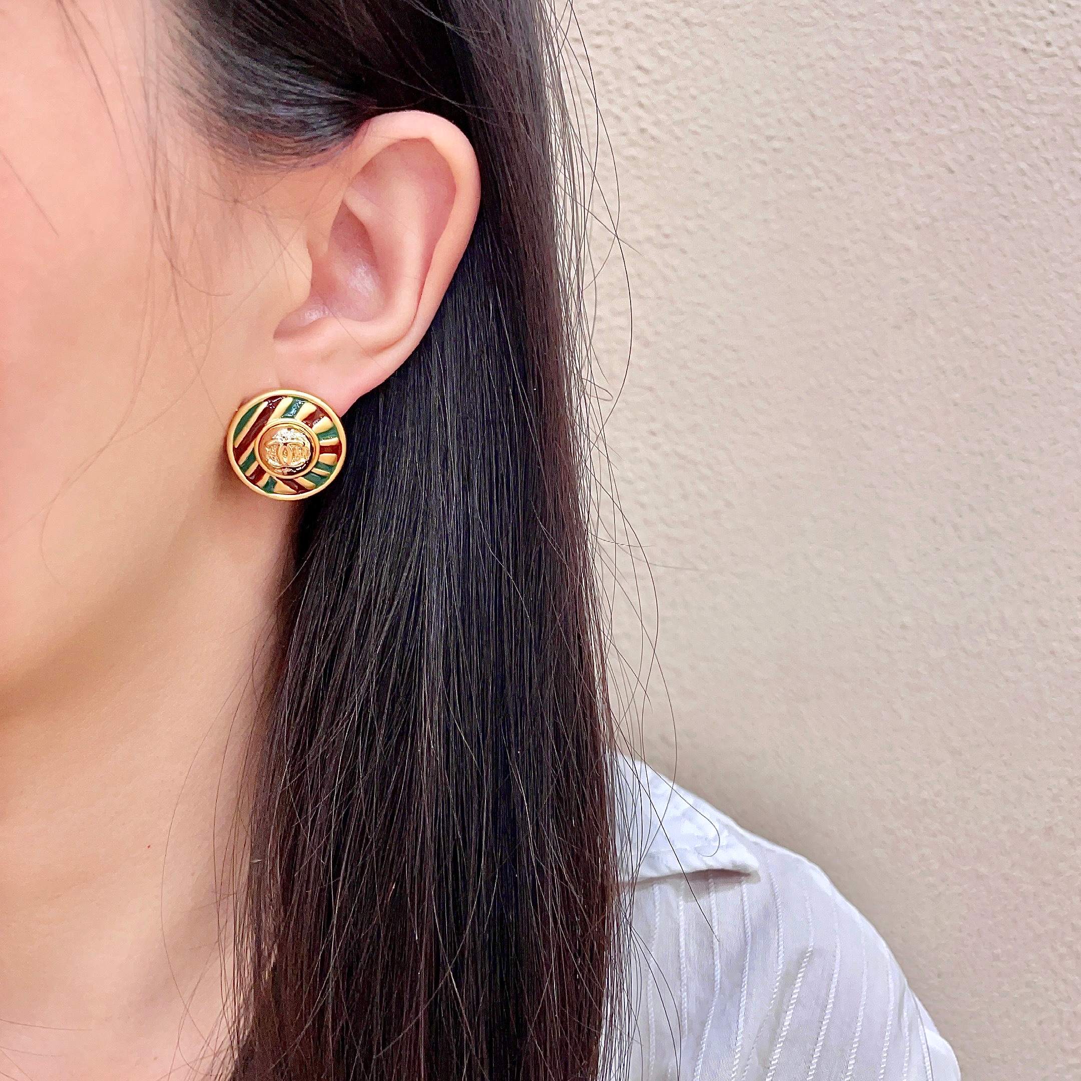 Chanel CC Logo Striped Enamel Button Earrings earrings Gold-tone metal with green burgundy and gold enamel 1 8cm diameter