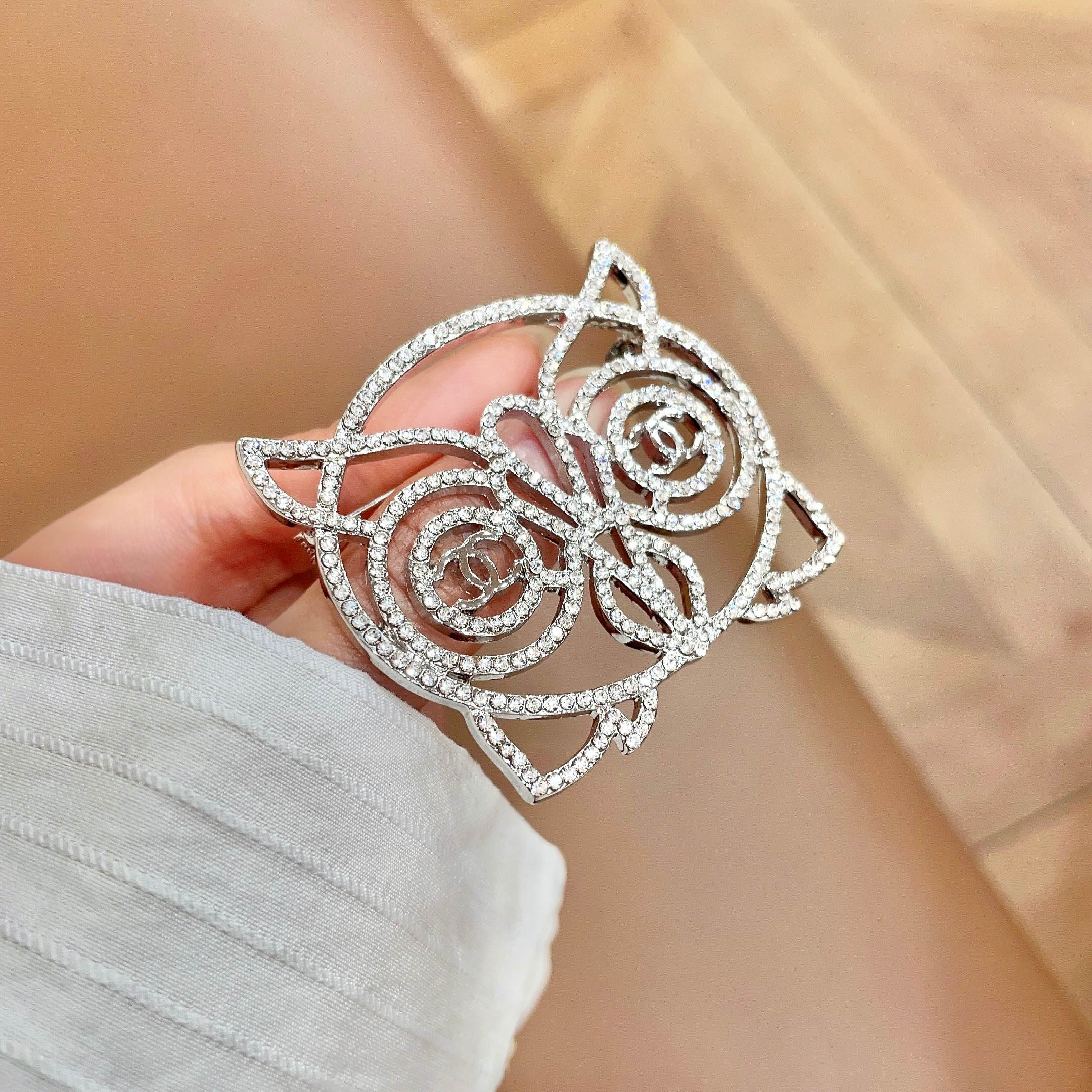 Chanel CC Logo Openwork Owl brooch silver tone metal with clear crystal pave 4 5cm width