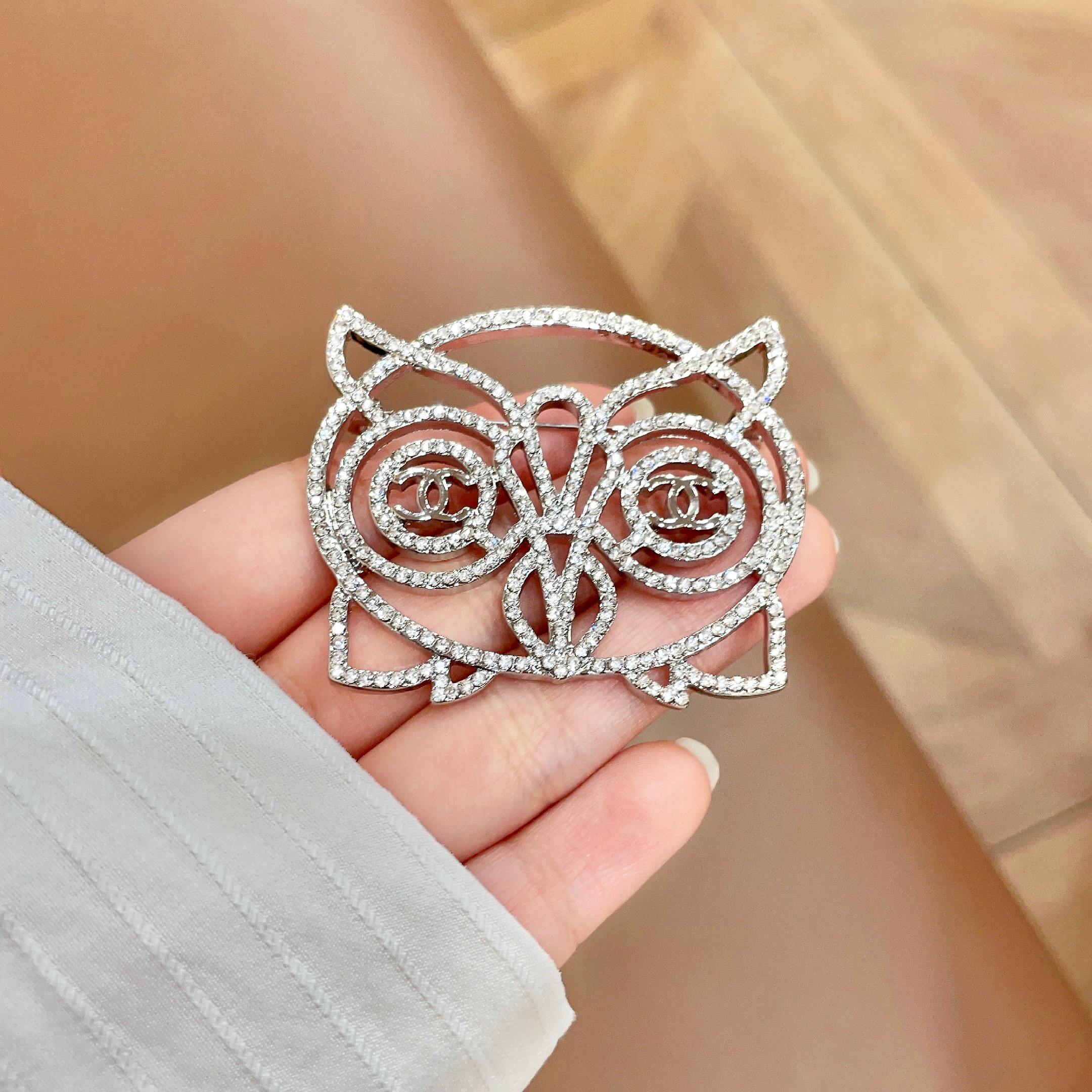 Chanel CC Logo Openwork Owl brooch silver tone metal with clear crystal pave 4 5cm width