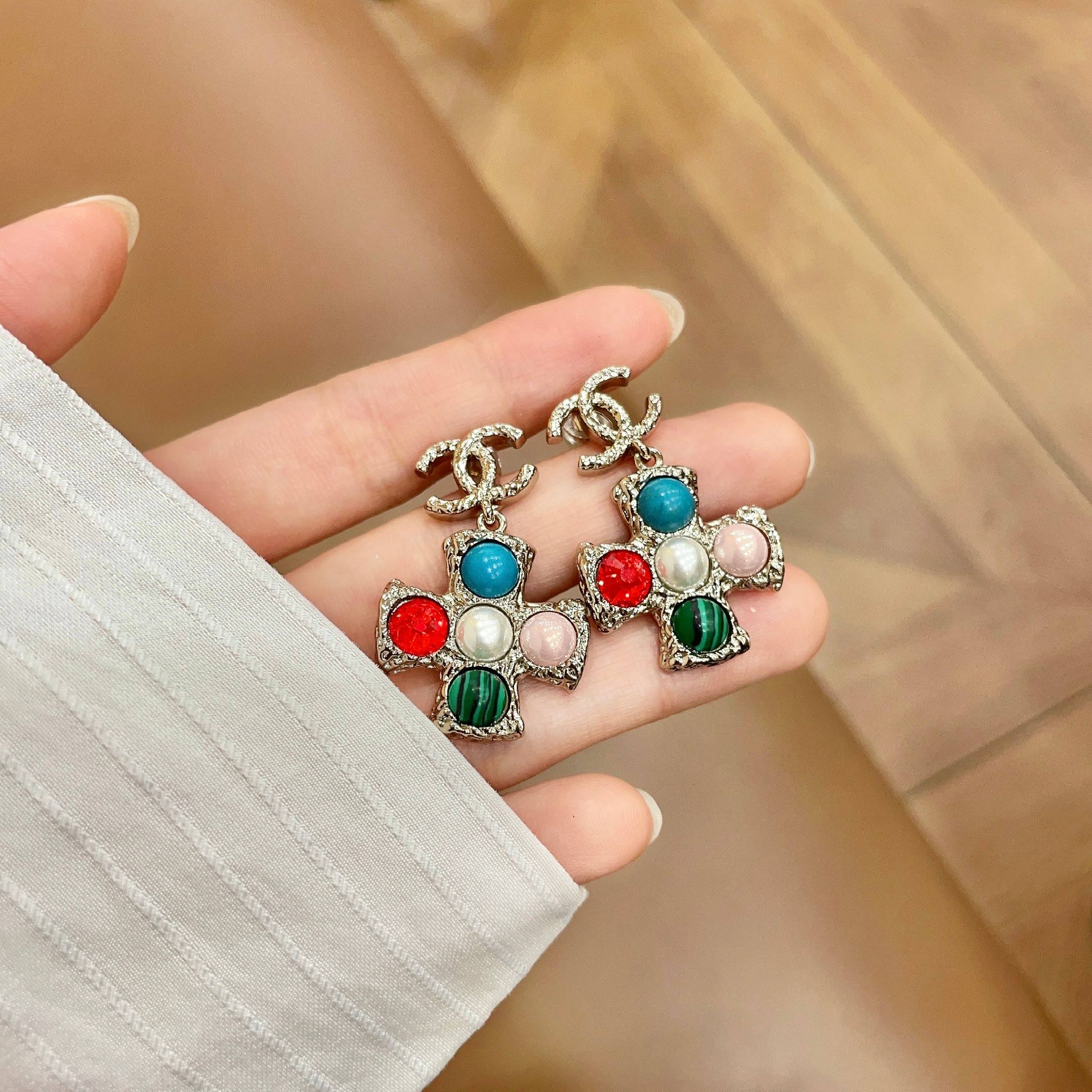 Chanel CC Logo Multicolor Cross Drop Earrings earrings silver-tone metal with blue red white pearl pink green malachite cabochon stones 3 2cm drop length