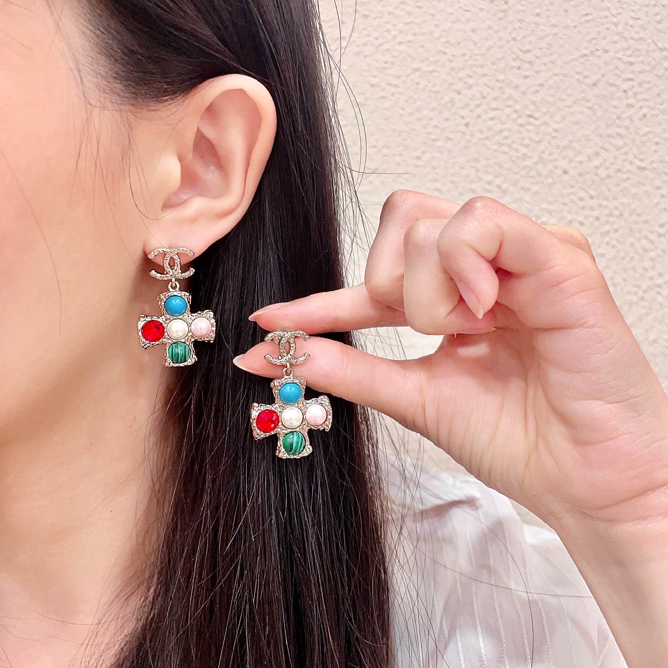 Chanel CC Logo Multicolor Cross Drop Earrings earrings silver-tone metal with blue red white pearl pink green malachite cabochon stones 3 2cm drop length
