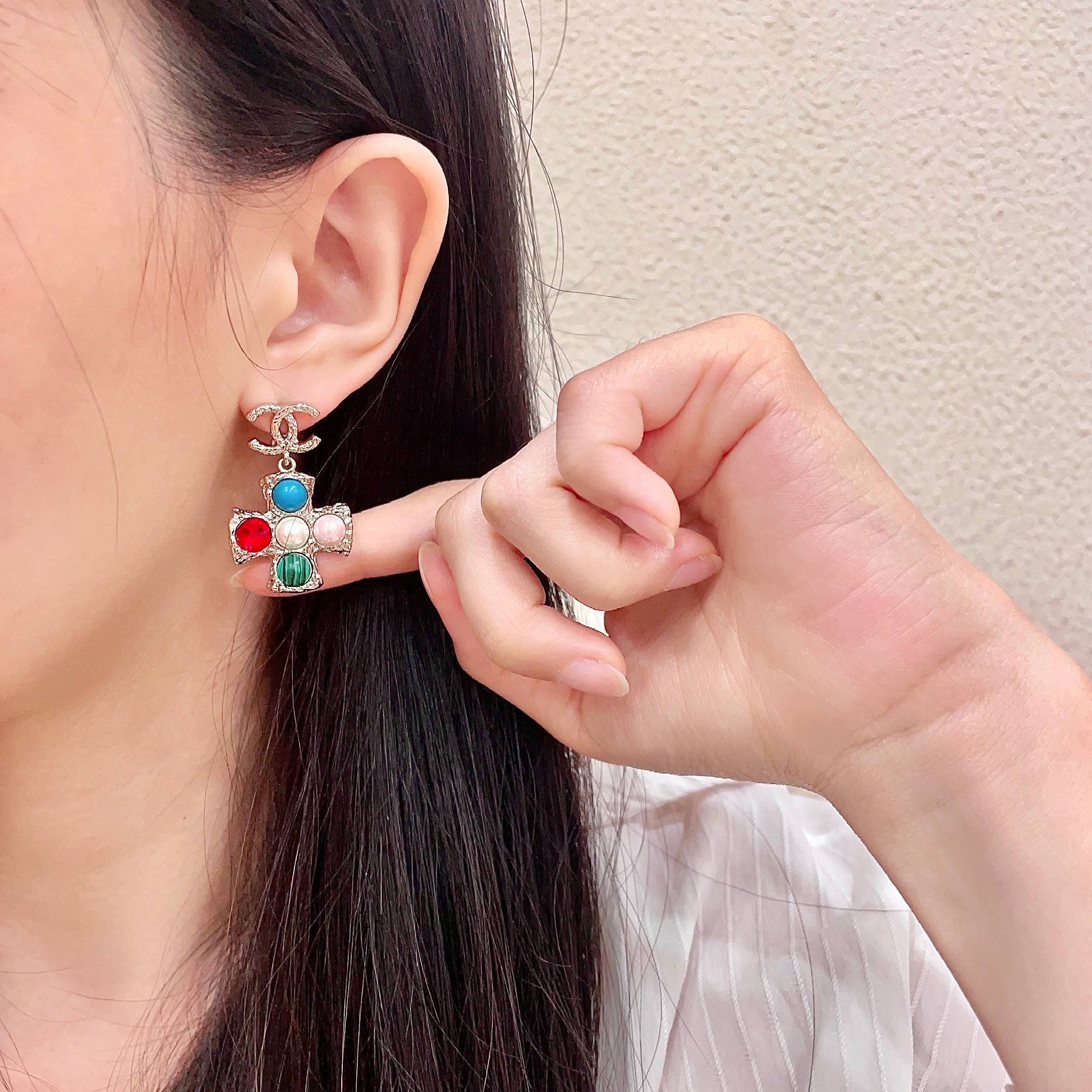Chanel CC Logo Multicolor Cross Drop Earrings earrings silver-tone metal with blue red white pearl pink green malachite cabochon stones 3 2cm drop length