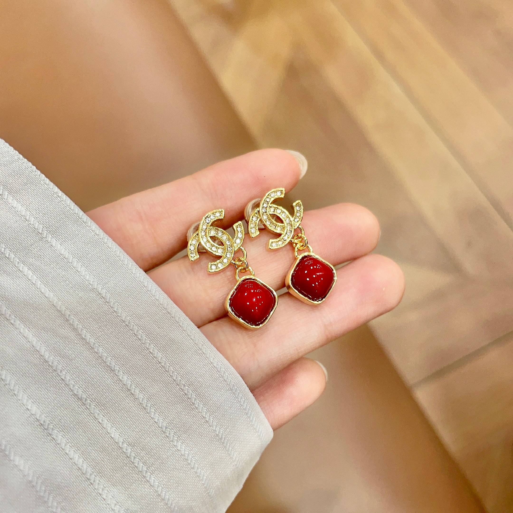 Chanel CC Logo Red Drop Earrings earrings gold-tone metal with clear crystals and glossy red resin 2 2cm drop length