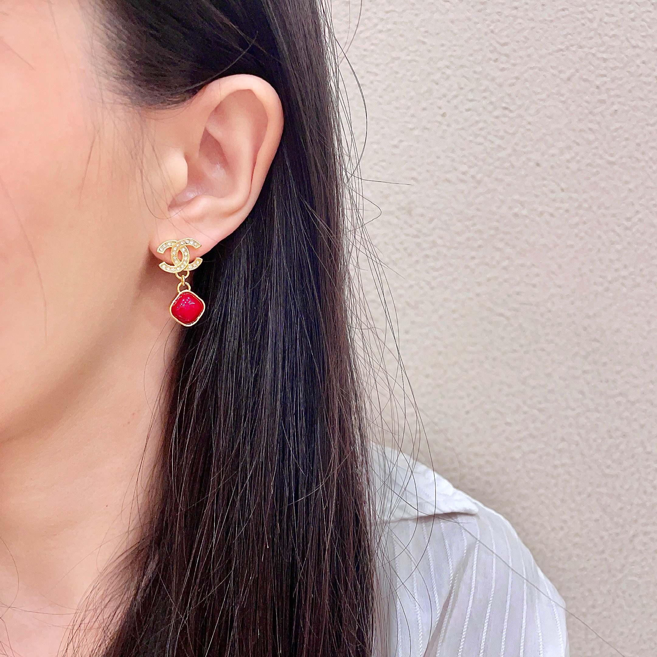 Chanel CC Logo Red Drop Earrings earrings gold-tone metal with clear crystals and glossy red resin 2 2cm drop length