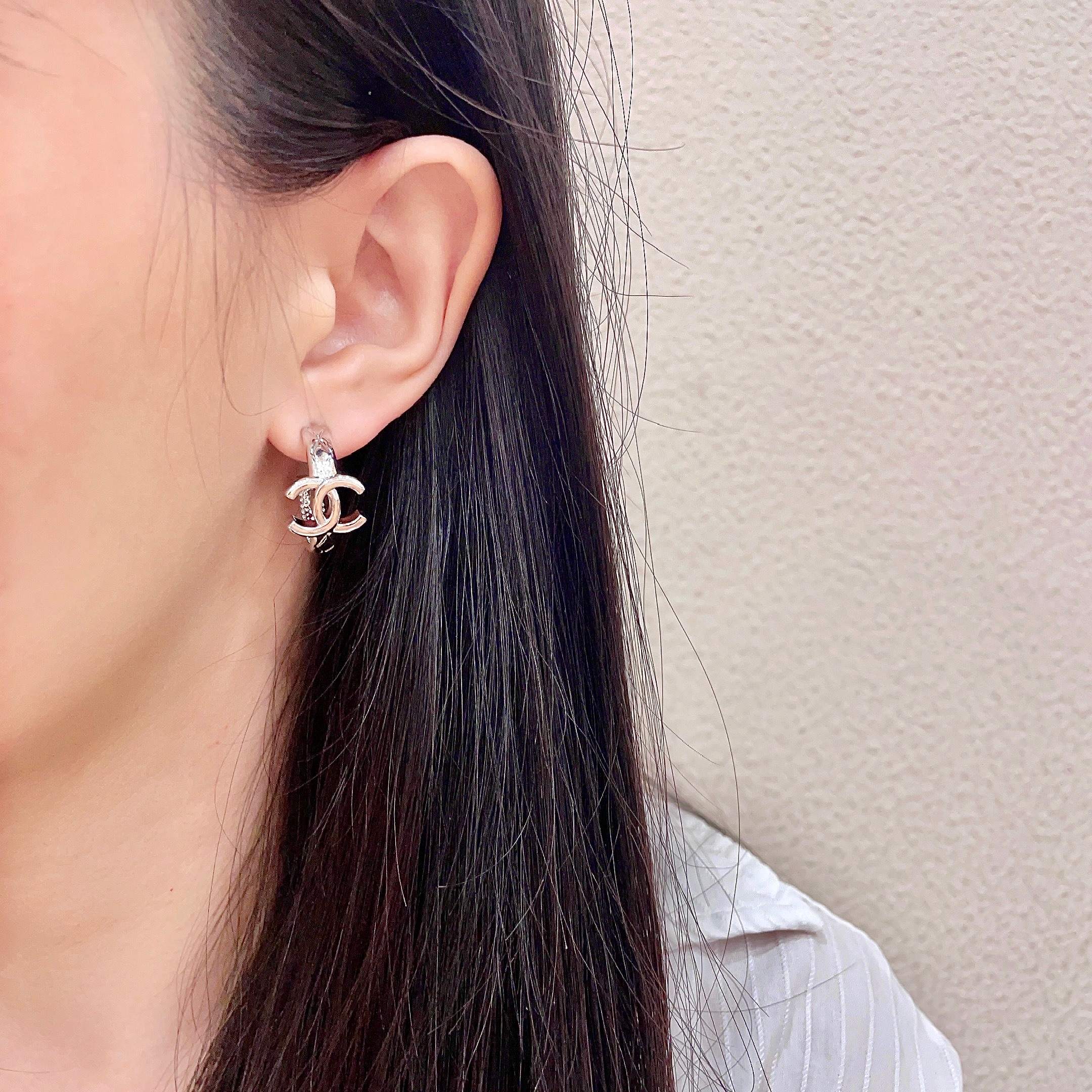 Chanel CC Logo Crystal Hoop Earrings earrings silver-toned metal with clear crystal accents 1 5cm diameter