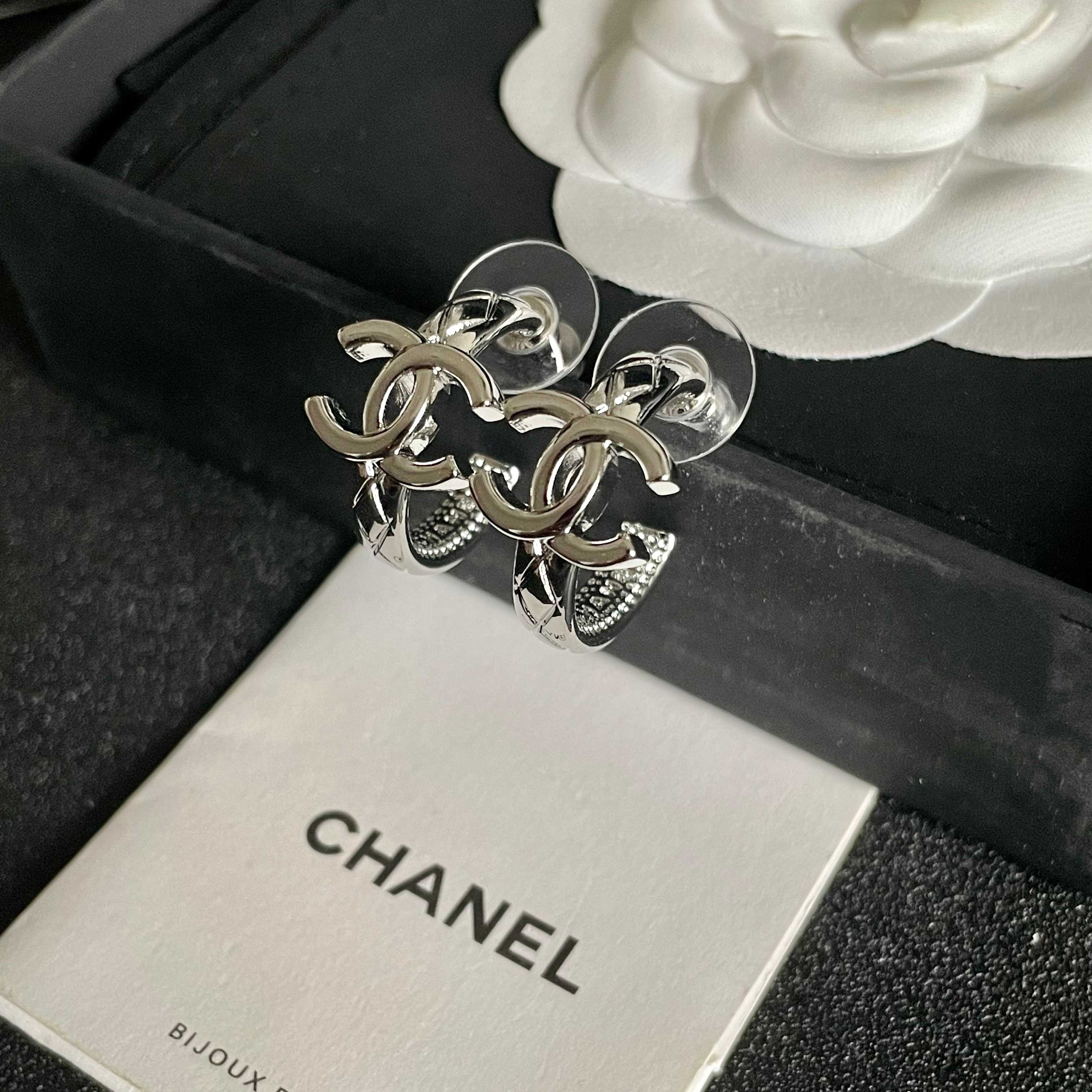 Chanel CC Logo Crystal Hoop Earrings earrings silver-toned metal with clear crystal accents 1 5cm diameter