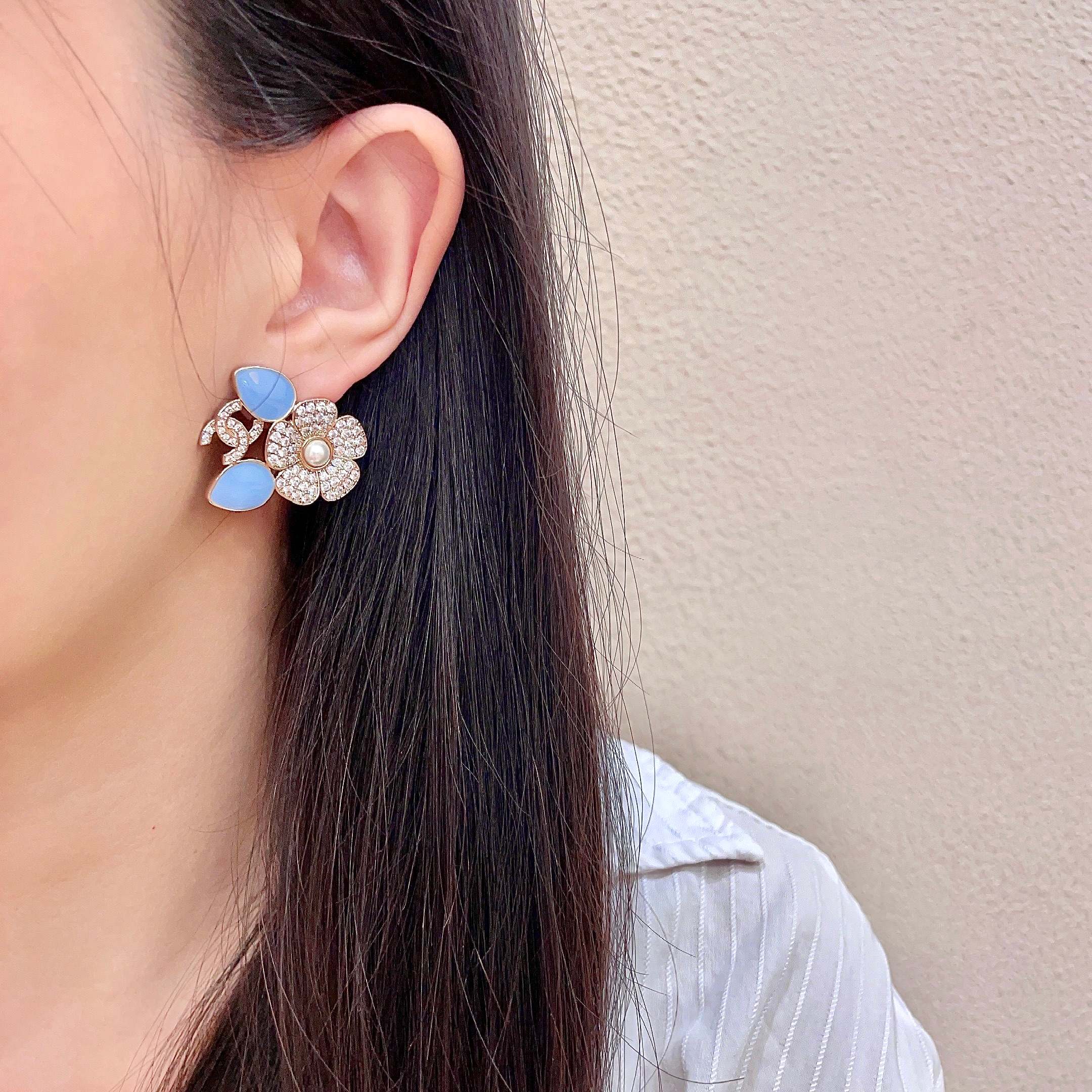 Chanel CC Logo Flower Enamel Stud Earrings earrings Gold-tone metal clear crystals white pearl center light blue enamel accents One Size 2 5cm width