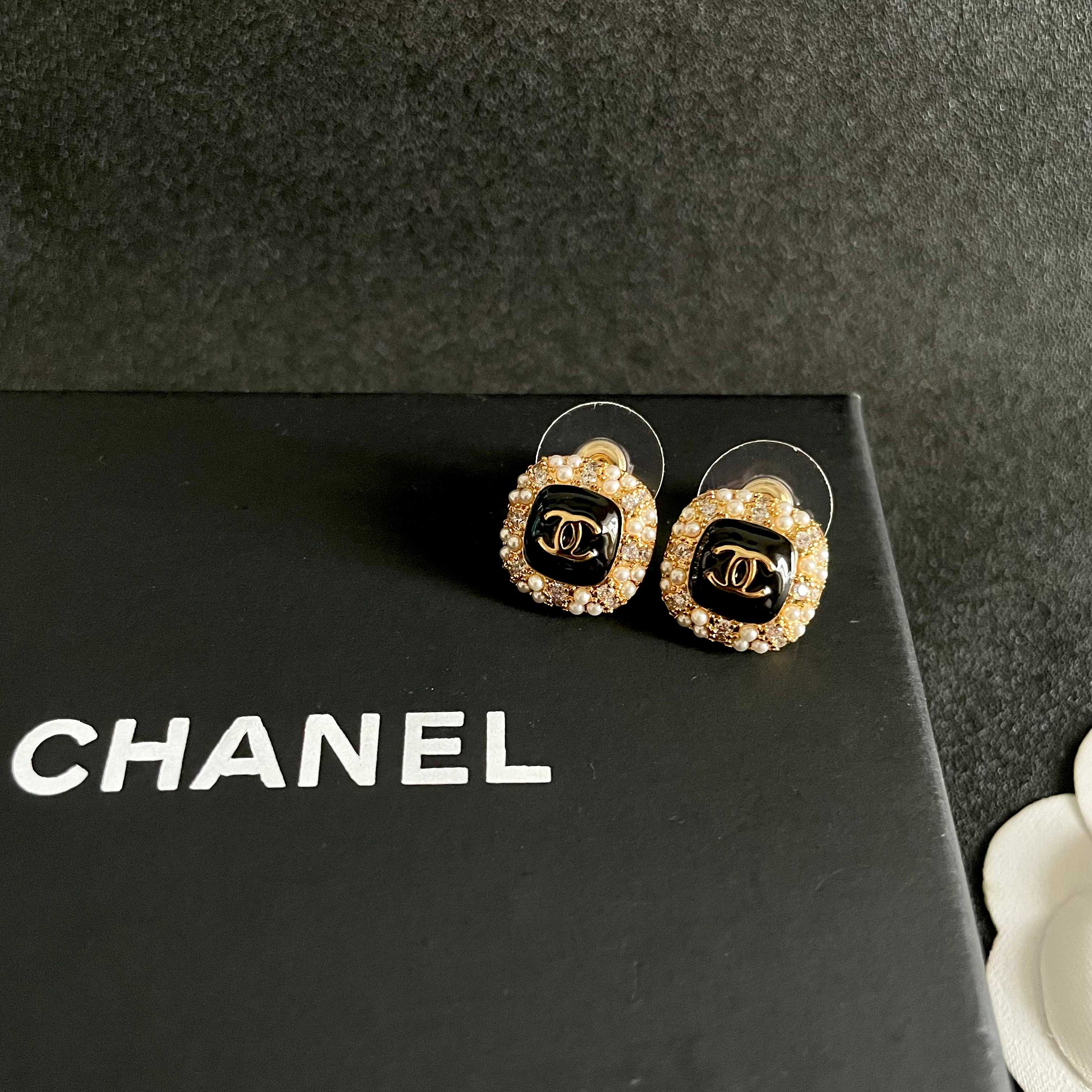 Chanel CC Logo Square Stud Earrings earrings Gold-tone metal black enamel clear crystals faux pearls 1 2cm diameter