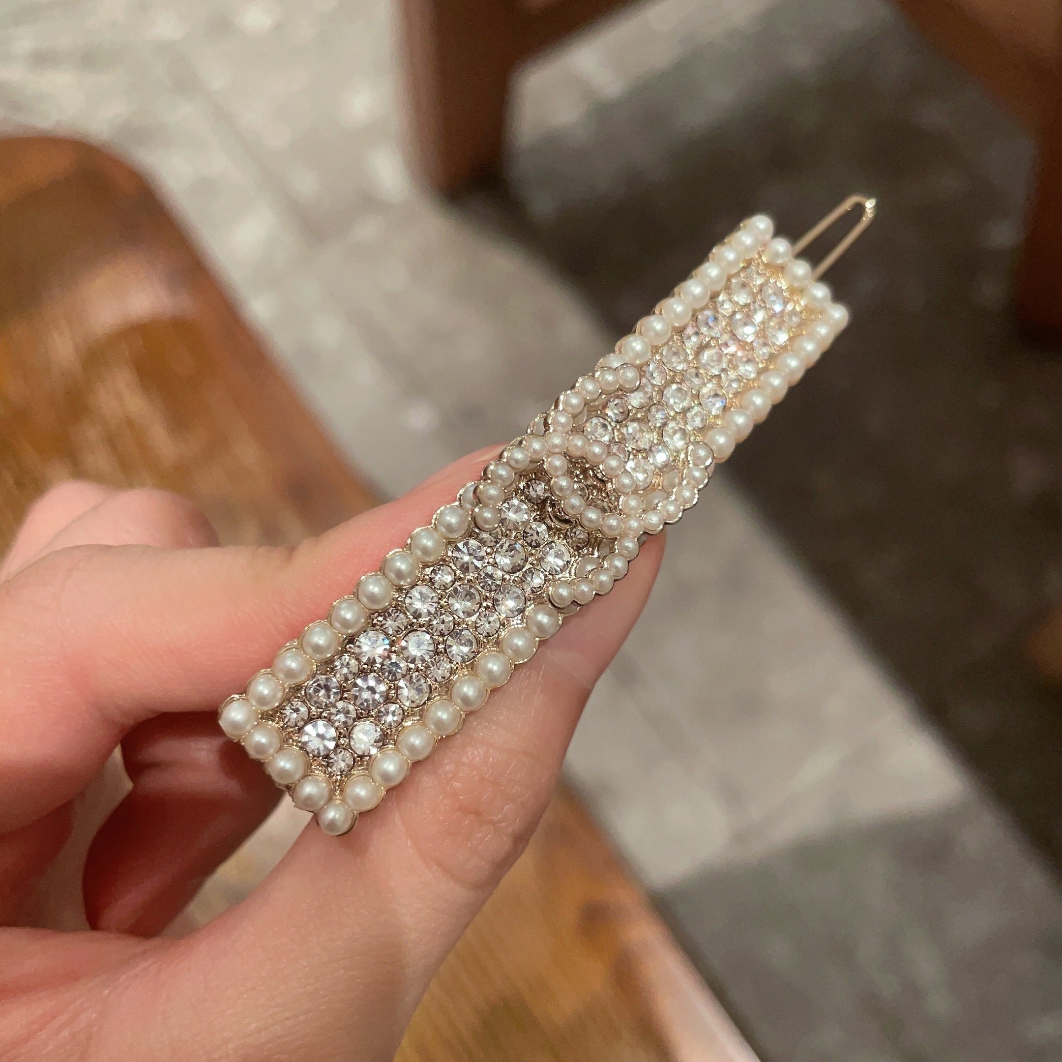 Chanel CC Logo Pearl Crystal Barrette brooch Gold-tone metal cream faux pearl clear crystal 6cm
