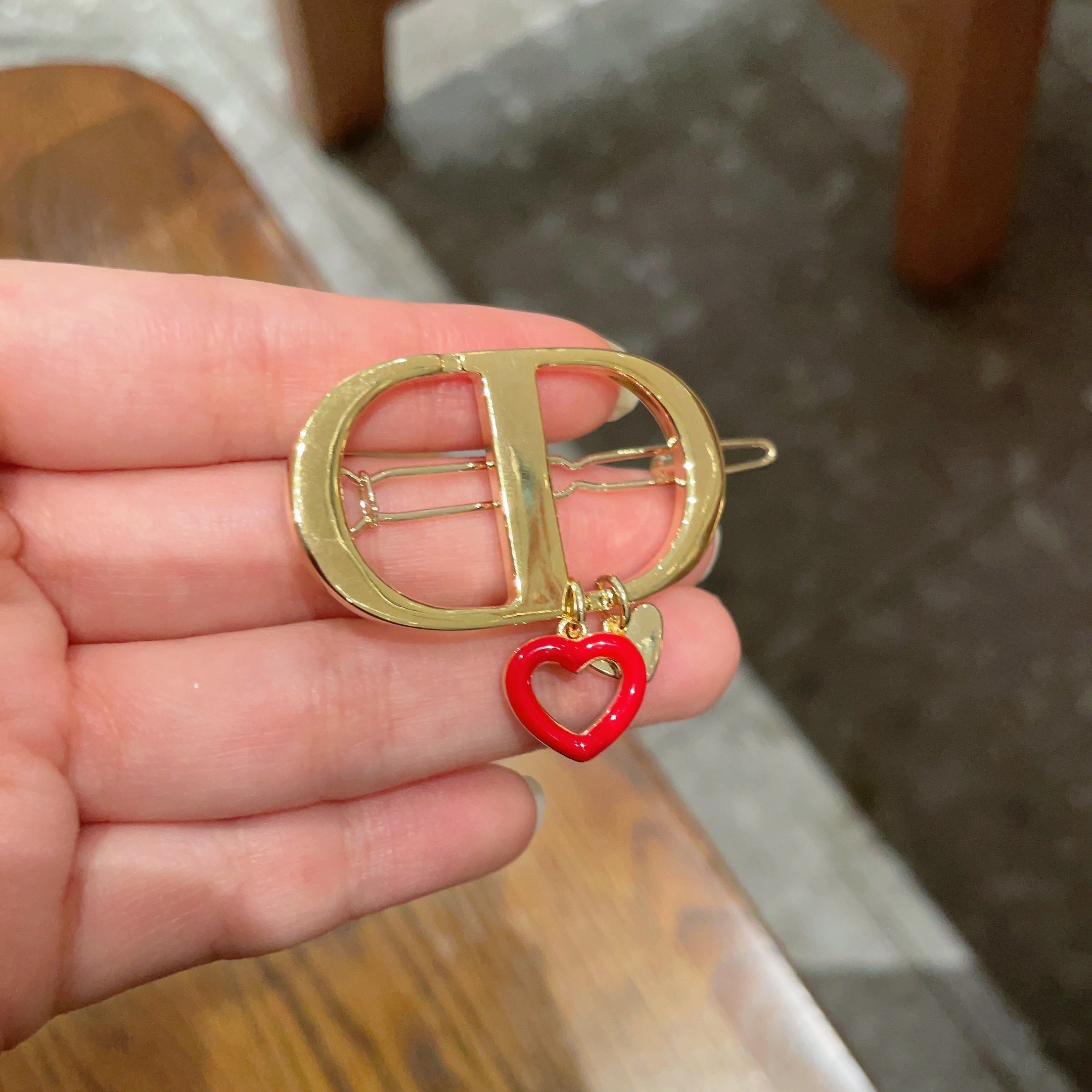 Dior CD Logo Heart Charm Hair Clip brooch gold-tone metal with red enamel heart charm 3 5cm