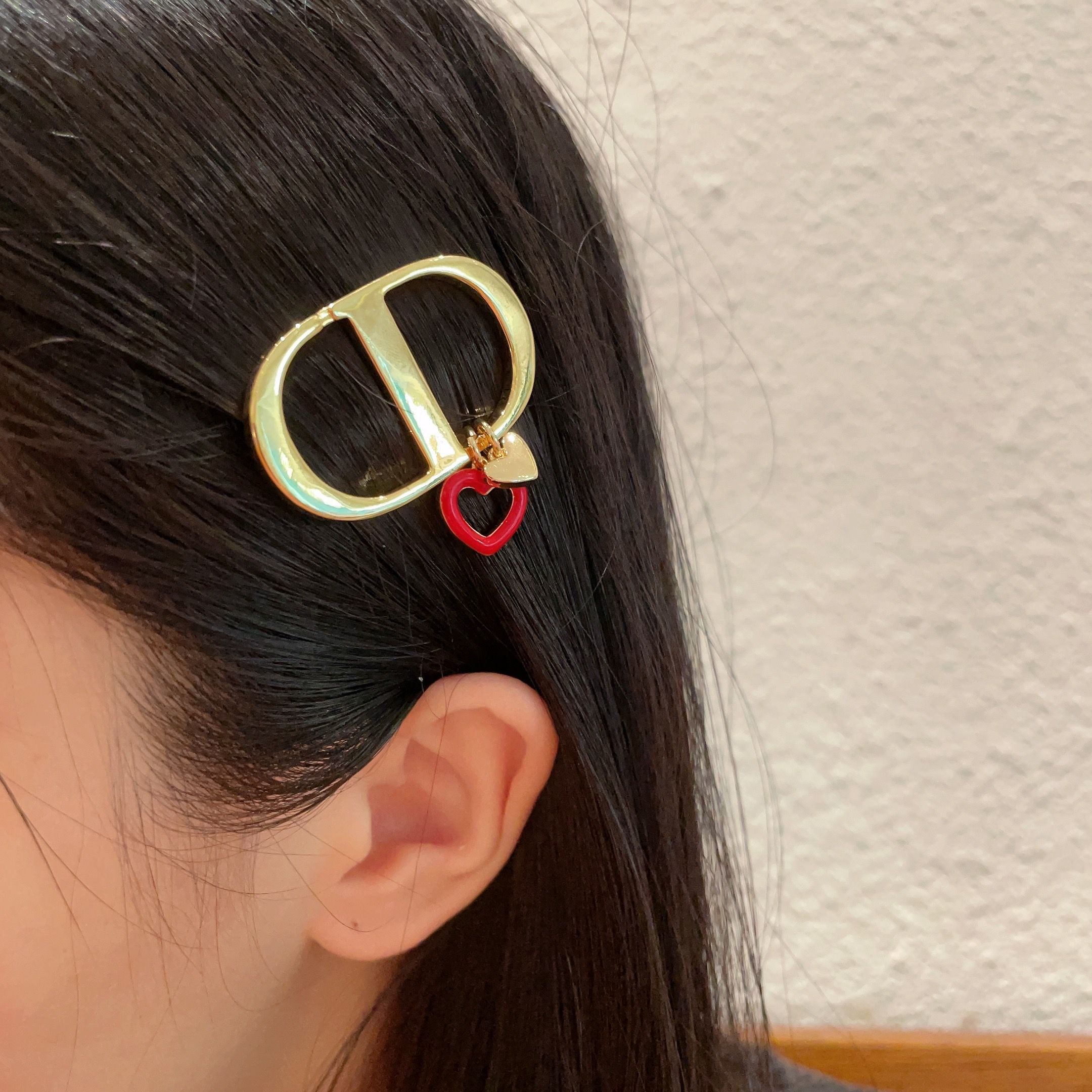 Dior CD Logo Heart Charm Hair Clip brooch gold-tone metal with red enamel heart charm 3 5cm
